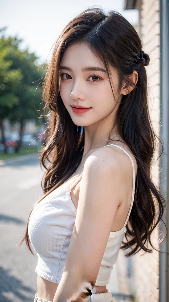 masterpiece, Best Quality, 8K, 1girl, 14 yo, Raw photo, Professional Photography, Portrait, Soft light, Professional Lighting, Solo, front facing, relax, Calm, Smile, Cute, Girly, Goddess, Delicate girl, Neat and clean beauty, Digital SLR, Looking away, Sophisticated, Film grain, (Eyes and faces with detailed:1.0),