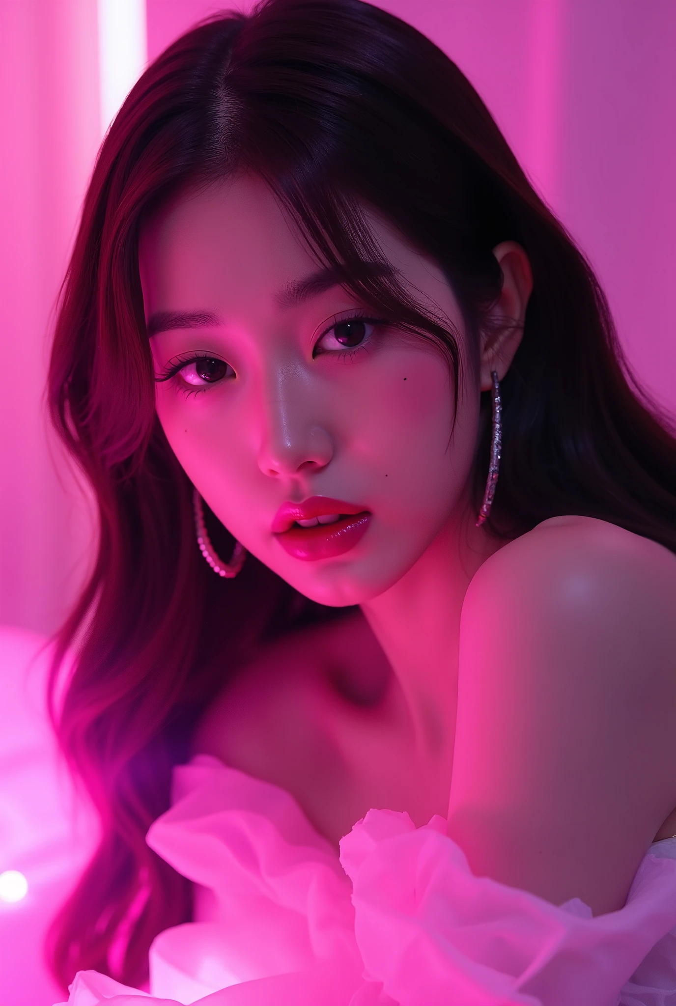 korean woman with pink makeup posing in bed, glowing pink face, soft portrait shot 8 k, glowing magenta face, glowing with colored light, sexy girl, glowwave girl portrait, magenta lighting. fantasy, glowing neon skin, color photograph portrait 4k, 8 k sensual lighting, glowing pink eyes, sexy face with full makeup. Neon eyes beautiful