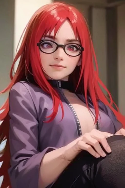 best quality, (masterpiece:1.2), detailed, medieval, fantasy, 1girl, solo, closed mouth, slight smile, short ponytail, long hair, red hair, purple eyes, glasses, cleavage, sitting on bed, looking at the viewer,