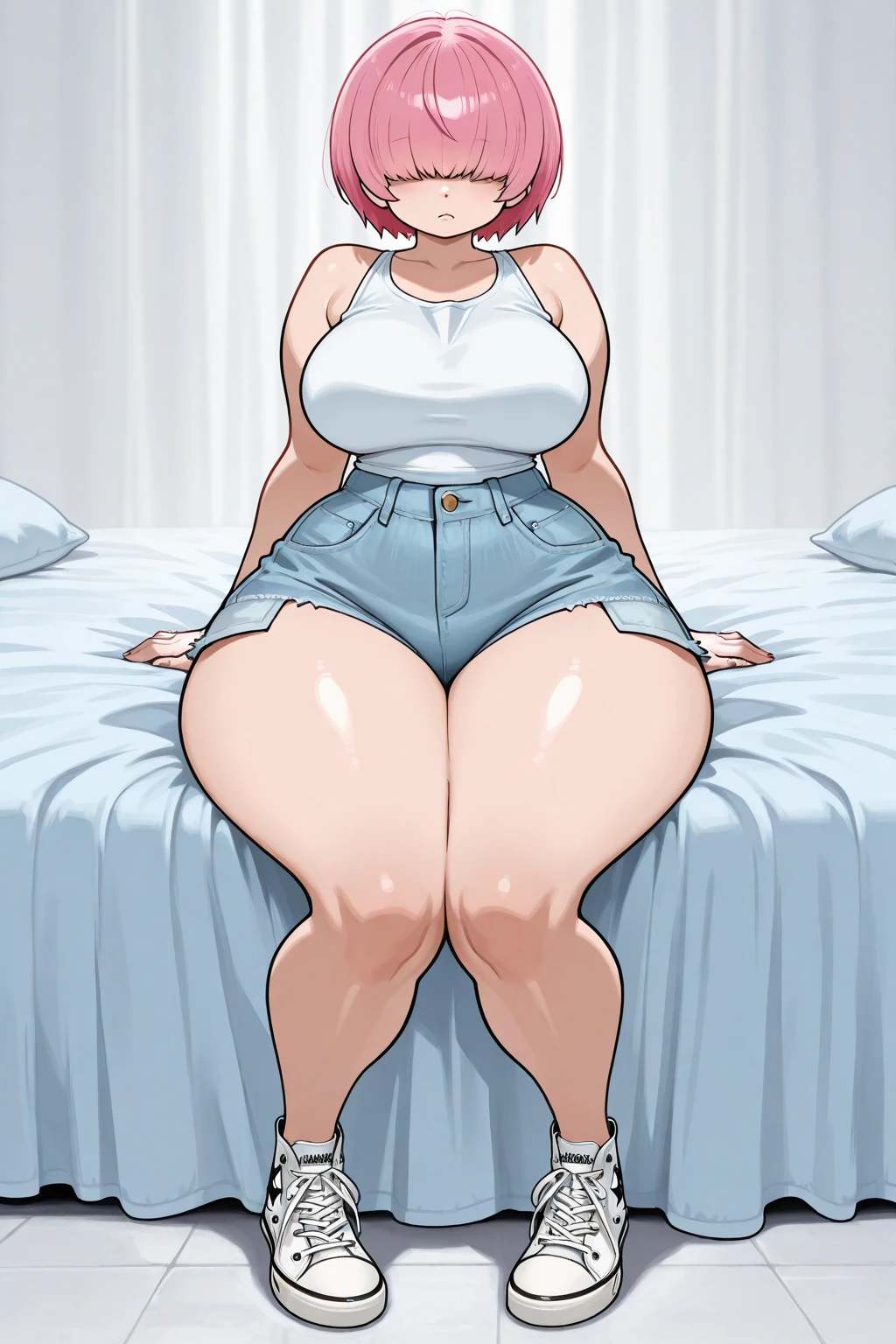 1 girl, asian face,Sitting alone on the bed, Wearing pink lace transparent underwear+Sling fishnet socks,shy expression, blush and smile, big breasts, Slightly fat,The meat is plump,Realistic,masterpiece。