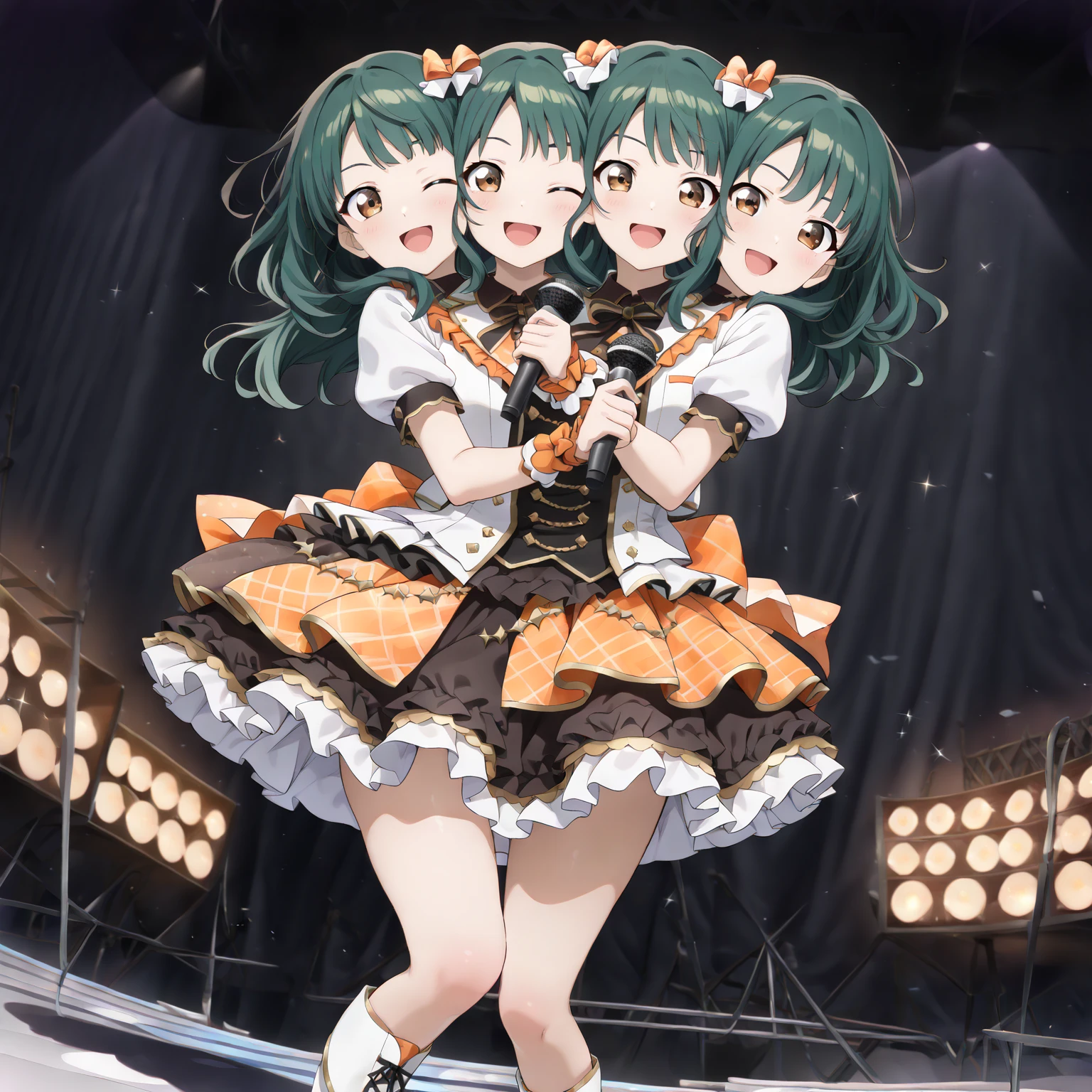 masterpiece, best quality, highres, leomiku, black shirt, <lora:hatsune_miku_(project_sekai)_v1:0.9>, stage, standing, cowboy shot,