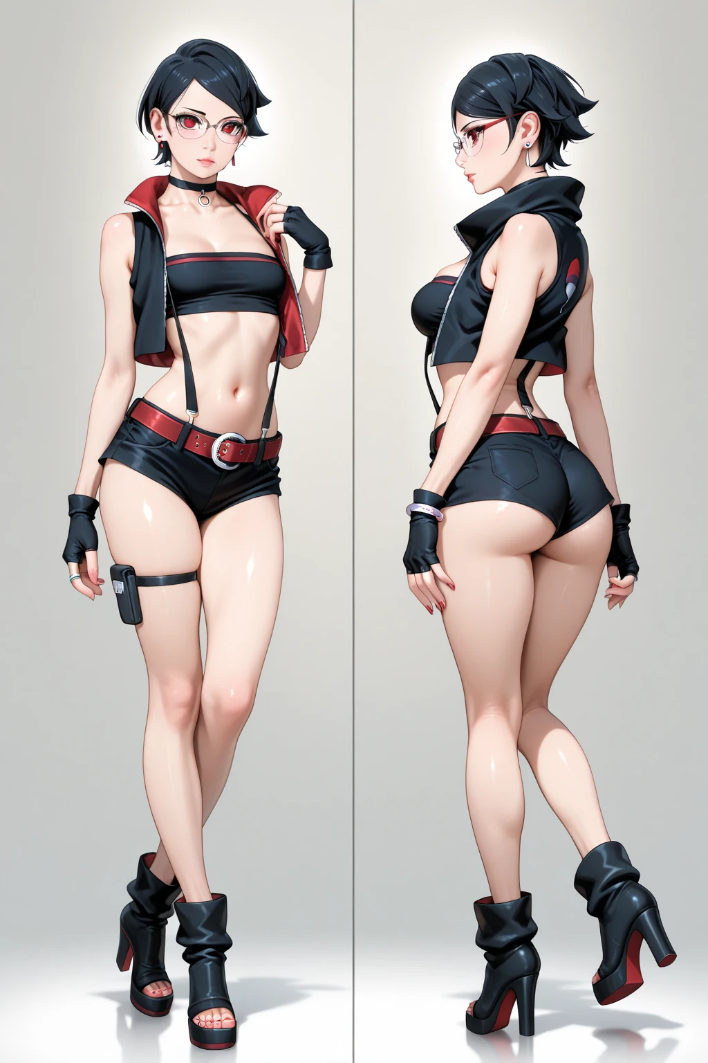 (masterpiece: 1.2), (high quality), 1girl, solo, standing, sakura haruno, pink hair, short hair, with a red ninja headband on her head, green eyes, red sleeveless shirt, pink elbow protectors, wearing black gloves, tight black shorts pants, short tights transparent pants visible pussy pussy, transparent short black tights, see through visible vagina pussy, with a white bandage on the right thigh, black high boots, full body real, realistic, reality, ultra detailed, image looks very detailed, UHD quality, 8k, 8k wallpaper, 70mm transparent short black tights, see through visible vagina pussy,