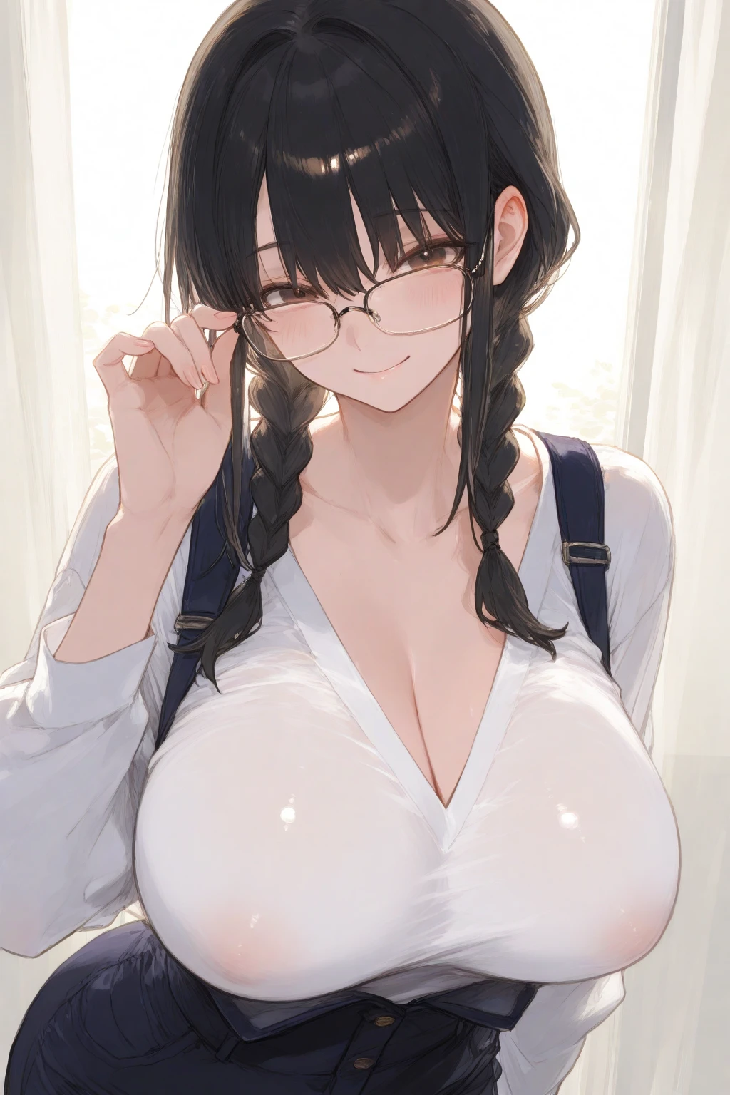 Ultra high resolution, 8k (masterpiece),(best quality), ponytail hair, glasses, chakumomi, pov hand, breast grab, (embarrassed),sweater, in library,