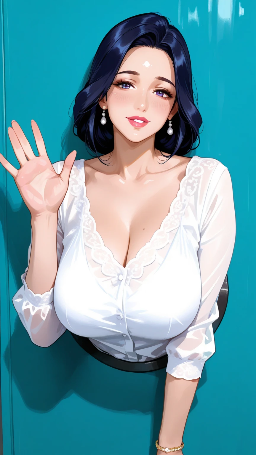 Joshiochi,1 girl,long hair,dark blue hair,bangs,swollen lips,painted lips, thick lips,reveal cleavage, erotic,smile,huge breasts,older sister,suit,shirt,Teachings,28 years old,Sweat,shiny skin,classroom