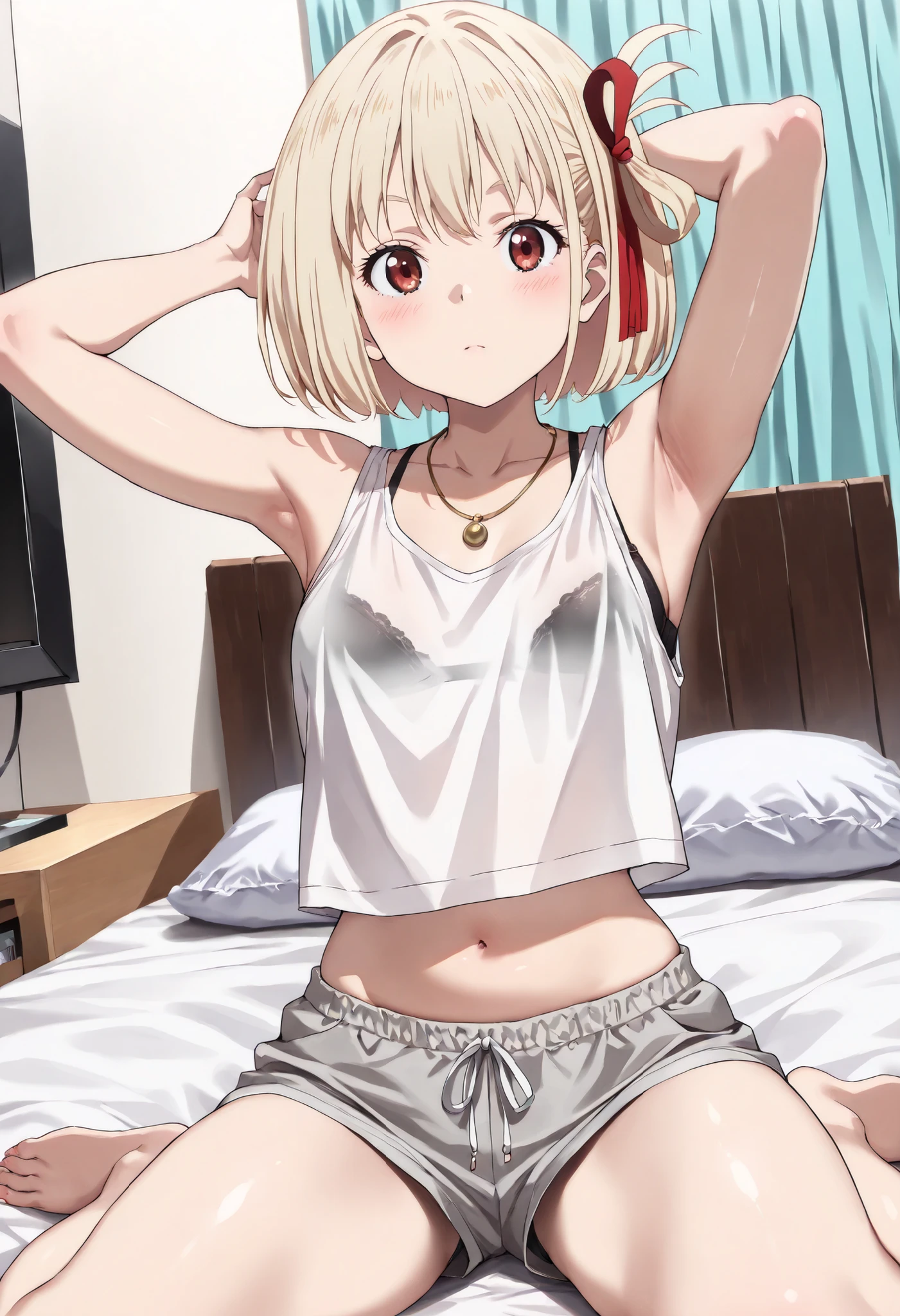 (masterpiece, best quality, perfect face:1.4), wide angle, chisato nishikigi \(Lycoris Recoil\), short hair, bangs, blonde hair, red eyes, hair ribbon, one side up, bob cut, proportional body, proportional,1 girl, beautiful hair, beautiful face, beautiful detailed eyes, beautiful clavicle, beautiful body, beautiful chest, beautiful thigh, beautiful legs, beautiful fingers, looking at viewer, BREAK, (white tank top shirt, black bra, gray shorts, black underwear, necklace), embarrassing, Blush, Armpits, sitting, Barefoot, belly button, Room, bed, curtains swaying in the wind, dynamic angle, BREAK, textured skin, realistic skin, HDR, BREAK, good hands