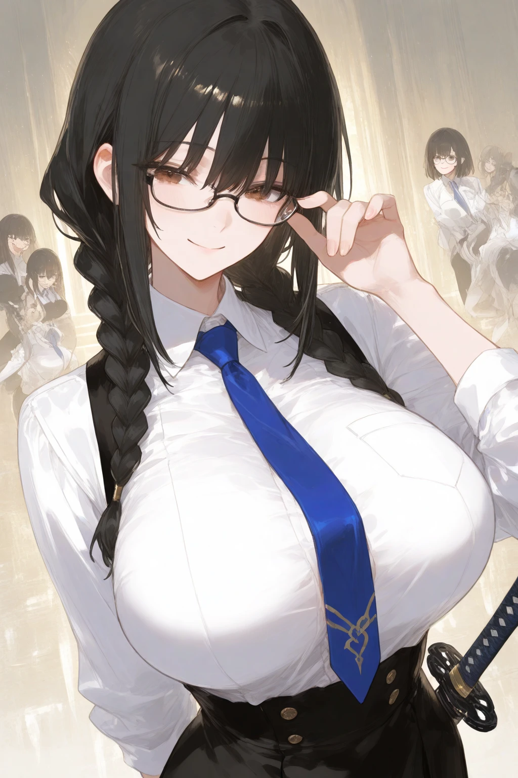 One Girl、Sumika Fujimiya、 Isekai Ojisan、Sumika Fujimiya、 Uncle Isekai、Black Hair、Shortcuts、Bobbed hair、Glasses、Braid、White shirt、Big Breasts、Huge breasts、Upper Body、Watching the audience、
