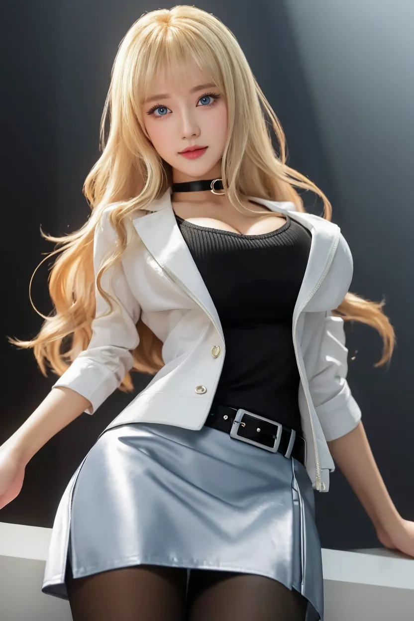 (legs open on classroom chair)), Female Teacher v6, Necklace, Earrings, Full Body V6, Long Gray Hair, Translucent Clothes, Look, Superb, Ultra High Definition, RAW Photography, Realism 1.25), (Bright Lip Gloss, Long Eyelashes, Smooth) Face, Light Bright, Natural Shadows, Wide Light, Wide Light, Depth of Field, Intense Colors, Subtle Caustics: 0.8), Smile, (Big), v6, There are windows showing different buildings in the city (absurdity, high resolution, super detail), smile, (big), v6 ((Adriaan Honich))) girl with blonde hair and blue eyes, beautiful, thin, sexy pose, back figure, gaze is window side, ((dark blue jacket, white sheer one-piece flared skirt))