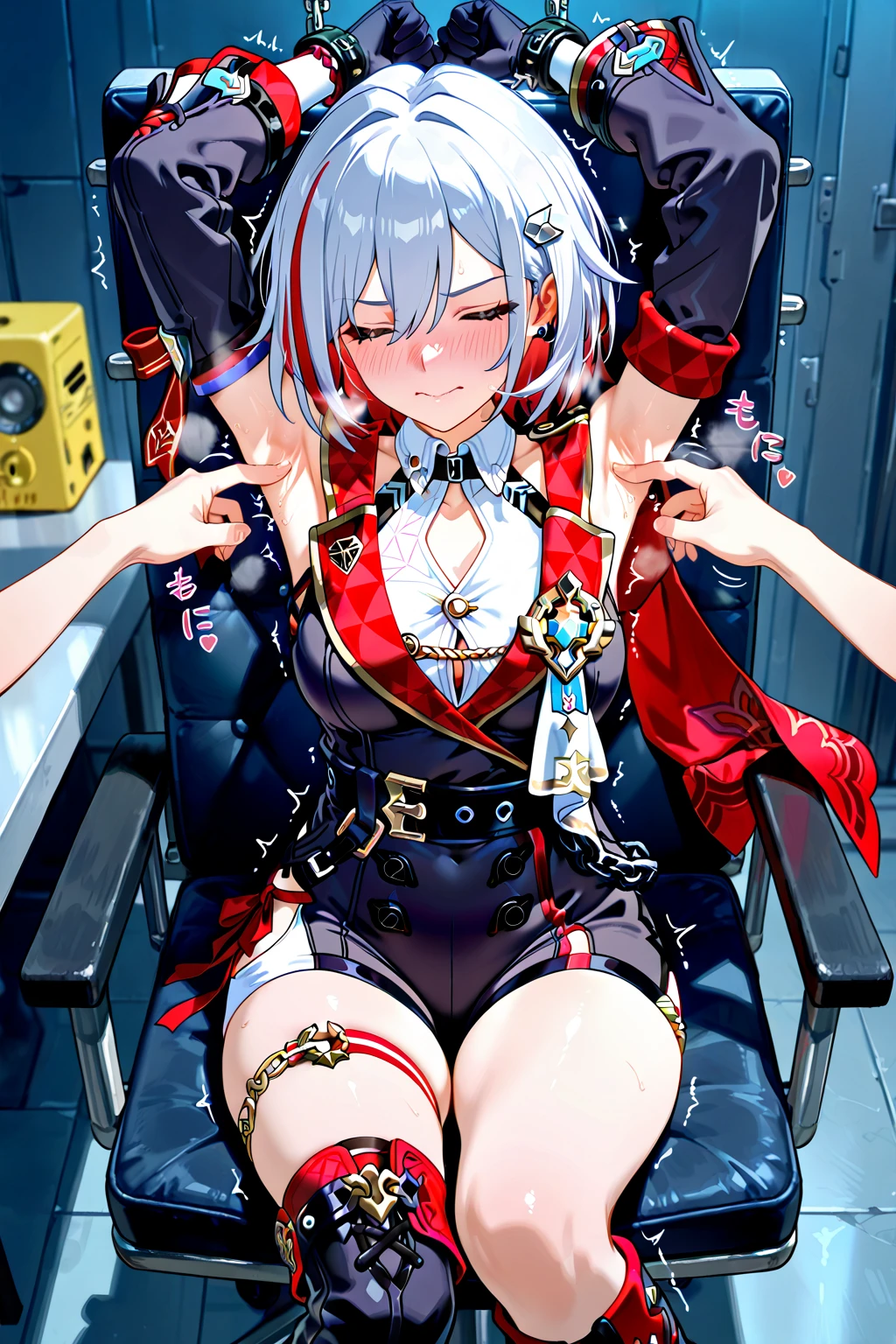 masterpiece, best quality, absurdres, ultra detail background, (vivid color:1.3), high poly 3d, beutiful 1girls, nude, (loli:2), standing, (top-down bottom-up:1.3), (face on ground:1.3), (arms back), (restrained, restrained arms, sex machine, stationary restraintetal, bondage:1.5), (large metal dildo:2), (((((flaxen hair, drill hair))))), (((((soldier, collar))))), baby face, large breasts, pussy, nipples, (sex machine, spread legs, spread arms, dildo, vaginal object insertion:2),metal stick in vagina, cum, panting, squirting orgasm, wet, pussy juice, vulgarity, blush, aroused, sweaty skin, sweat, closed mouth, ahegao, peeing hard, stationary_restraints, masterpiece, high quality, best quality, beautiful, hd, perfect lighting, detailed face, detailed body, masterpiece, best quality, intricate details, 8k uhd, perfect face, perfect eyes