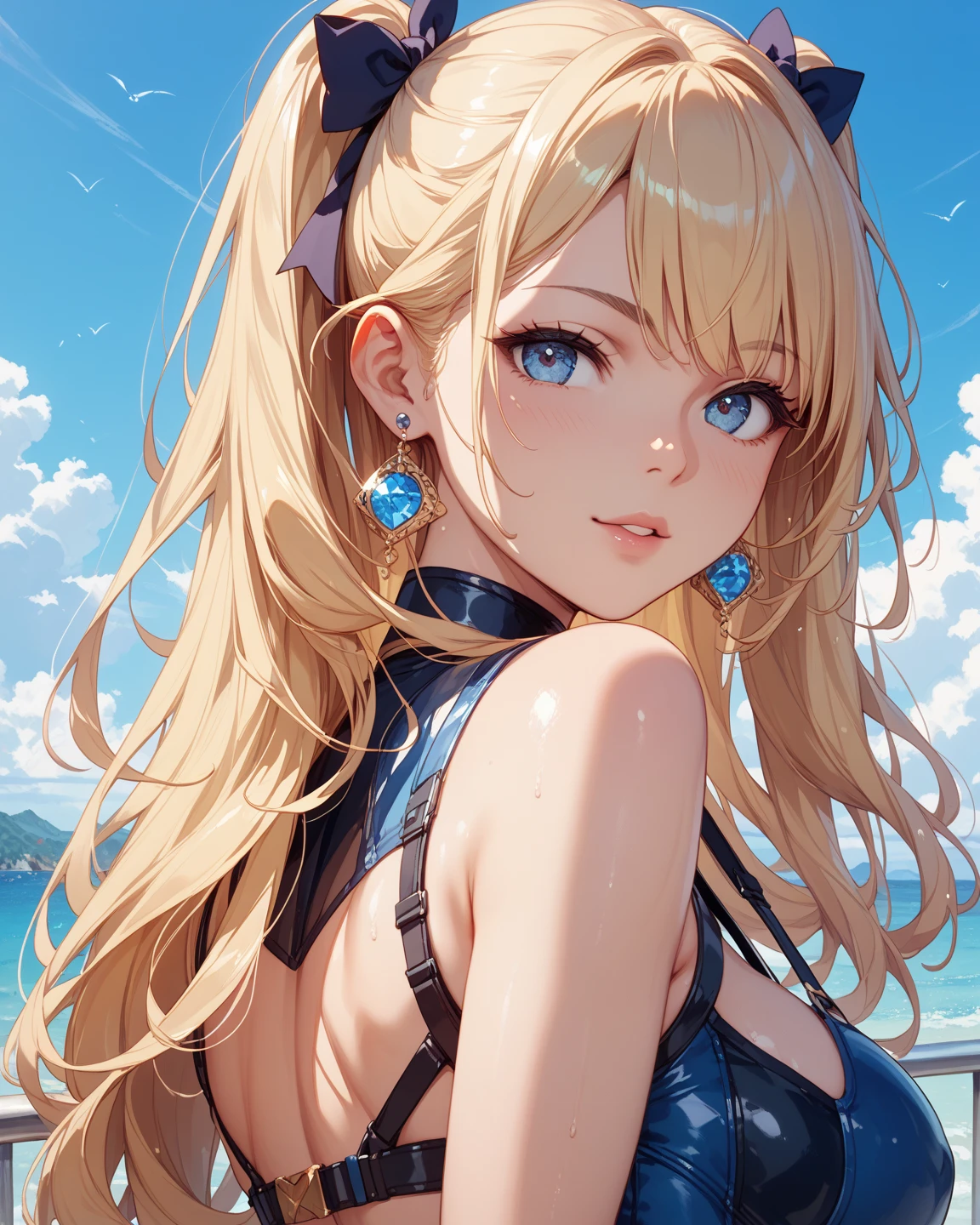 top-quality、Top image quality、​masterpiece、girl with((18year old、The bikini:1.6、Bust 90、a blond、disheveled ponytail、Blue eyes、open chest wide、Happiness、Black wristband on wrist、Goggles on the head:1.3、Ear-piercing))、((perspired:1.1))A slender、hiquality、(Piece It Piece)、visualart、Background with((sand beach:1.2))、masutepiece