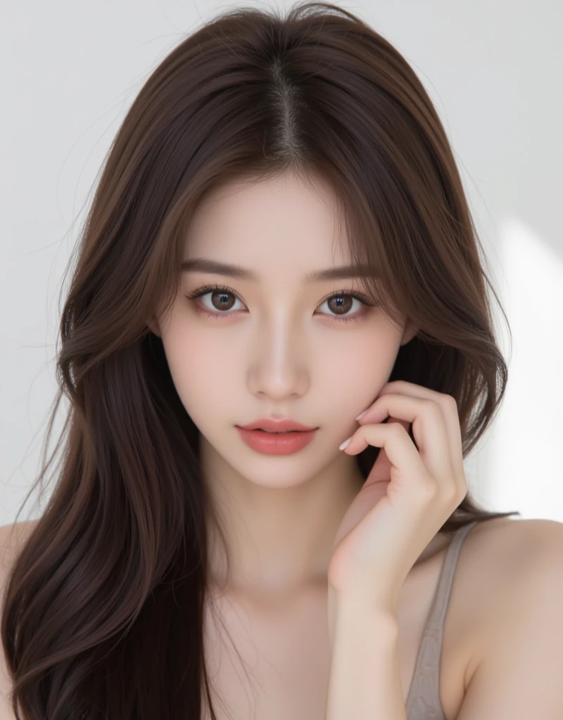 Daisy Johnson, sexy outfit, white wall, (8k, RAW photo, photorealistic: 1.25), (lots of lip gloss, lots of eyelashes, smile, top quality, ultra high resolution, depth of field, chromatic aberration, causticism, wide light, natural colors, Japan people, slr image quality, realistic Japan beauty, gravure idol, skin type, adult