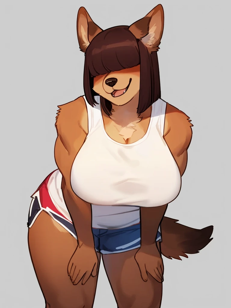 By bebebebebe, by lostgoose, by goonie-san, female, ((canine, snout, hair covering eyes, straight hair, medium hair, flat hair, ears, thin snout)), brown fur, big poofy tail, raised tail, dark maroon hair, (muscular, big breasts), solo, smiling, happy, standing, facing viewer, (blep), focus on breasts, (((hot pink bra))), bust shot,