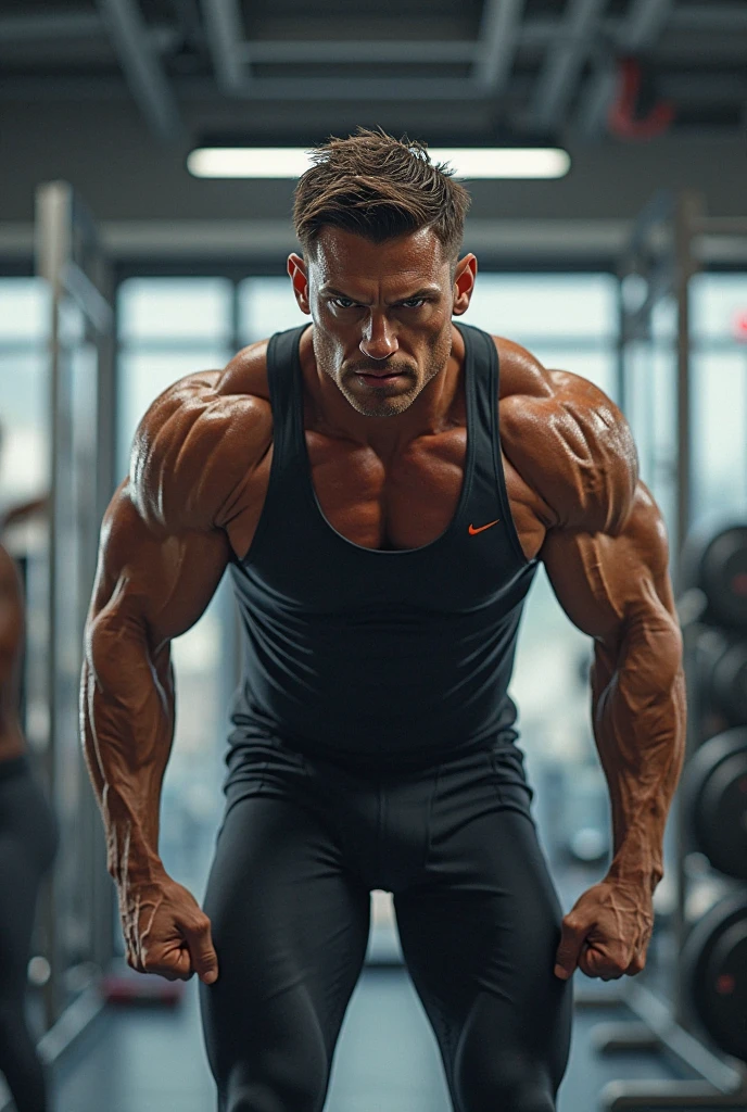 bodybuilder man, 30 years old, hyper muscle, huge body, shirtless, at the gym, masterpiece, wide and broad shoulder, massive mass, hands up, massive body