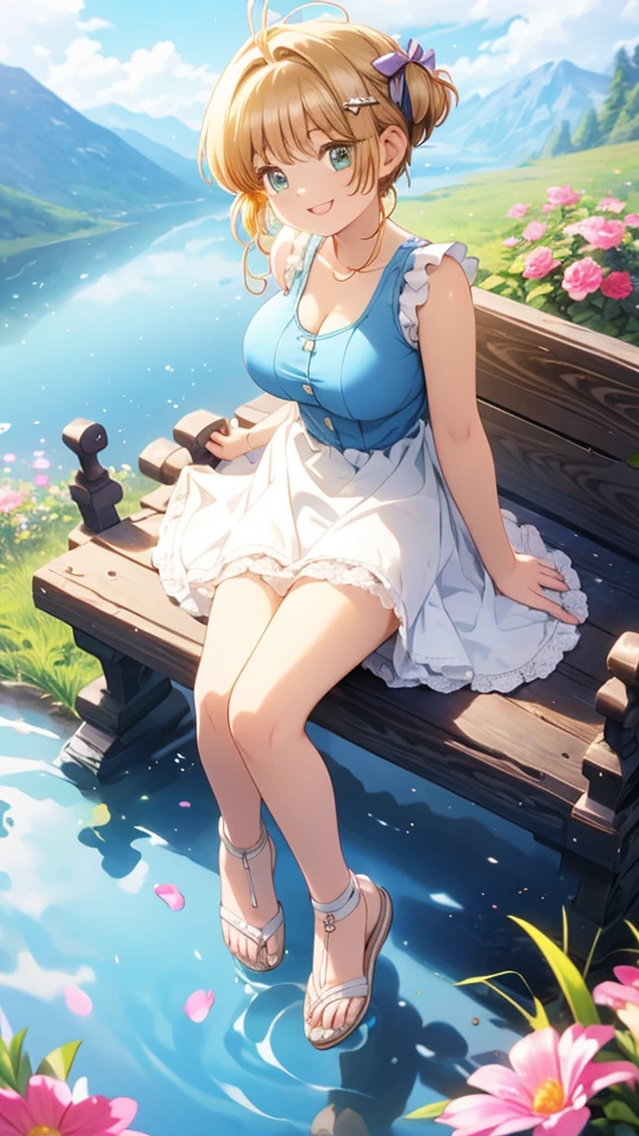 Masterwork, Best Quality, ultra-detailed, cinematic lighting, photo-realistic, Beautiful girl in a blue dress and straw hat sitting on a bench, hot girl, [ 8 k ]!!, beautiful alluring woman, seductive girl, casual pose, detailed, sun dress, Straw Hat, Milf, gigantic boobs, sexy body, buxom, nipples
