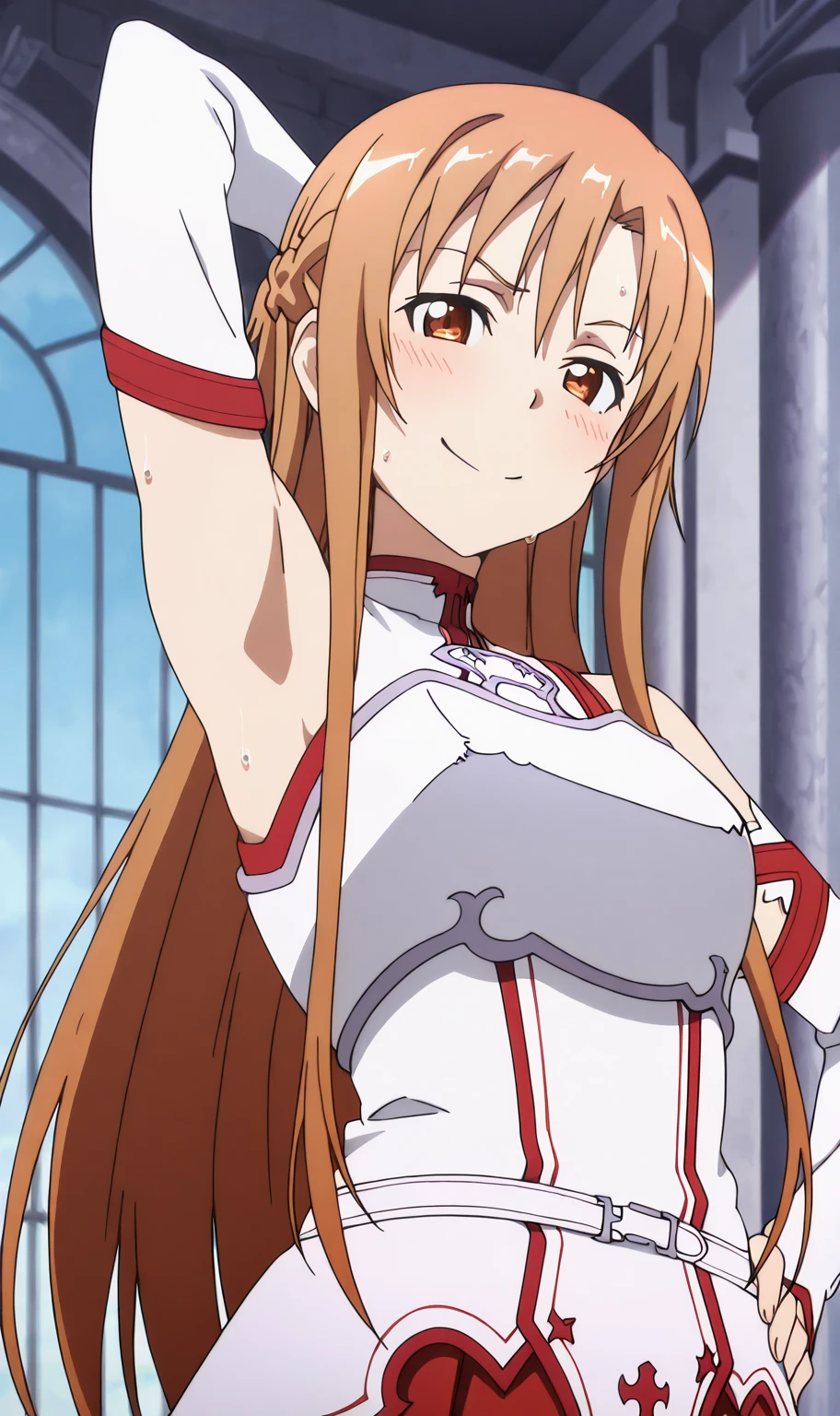 (masterpiece, highest quality),  Intricate details,
One girl,  Yuuki Asuna, KizukiAi, Brown Hair, Brown eyes, Medium chest, Long Hair, Braiding, Catbo, White gloves, White Uniform, White boots, Red Skirt, Red strap,nsfw,(nipples peek:1.1)