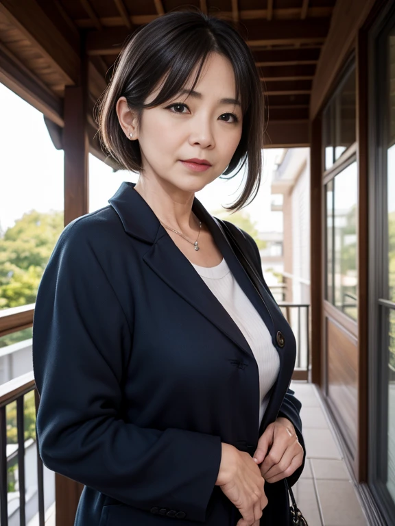 A 43-year-old woman named Mao, dressed formally in a suit. She has a dark brown short bob haircut. She is in a law office with bookshelves, a desk, and legal documents. Big breasts