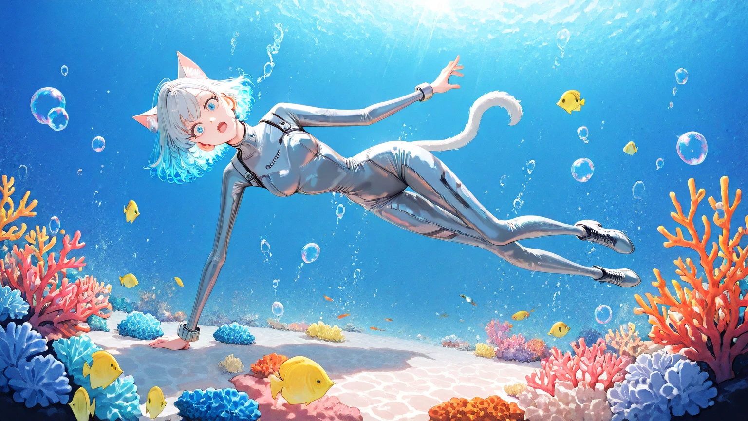 japan catoon style,8 years old pretty girl wear a swimsuit with a puppy on the beach,full body,blood in face,the blue sea near