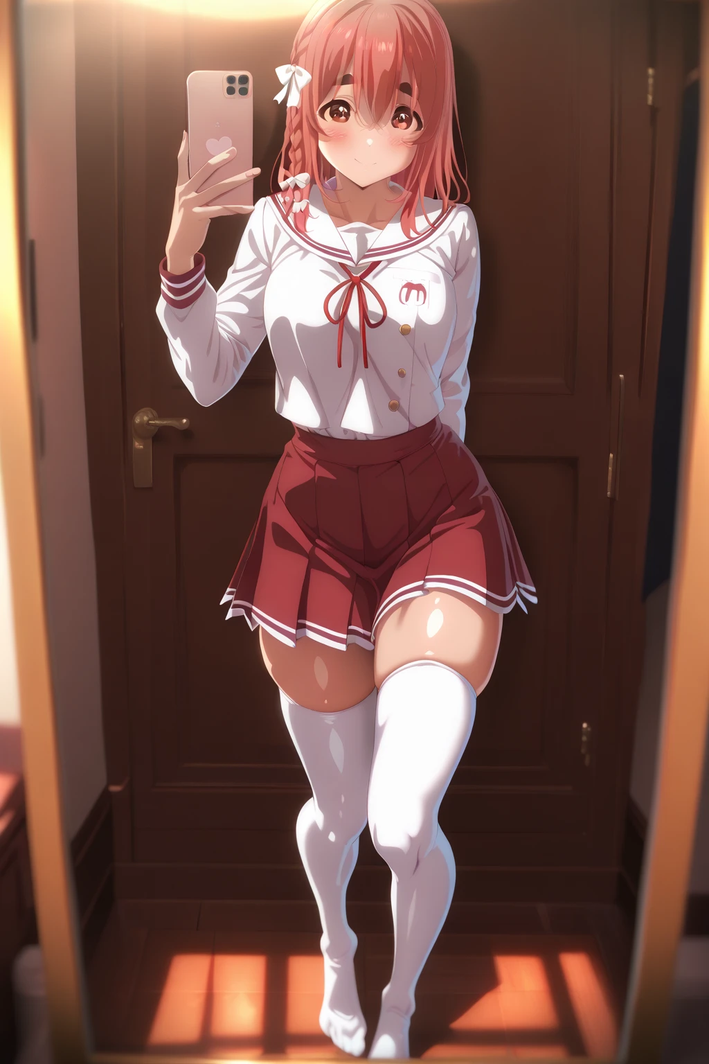 (((((Dildo on the floor:1.5, standing, spread legs:1.5, Point your knees outwards:1.5 ) behind head, Push your hips forward,pussy juice , Voluptuous body, Slut、No pants, (Dildo on the floor, standing, spread,arms behind head, Point your knees outwards:1.5, Sweat, Angle from below)))), Realistic composition, Doujinshi scene,, Big Thighs, Pleated skirt, White Shirt, Angry face, blush, from below
