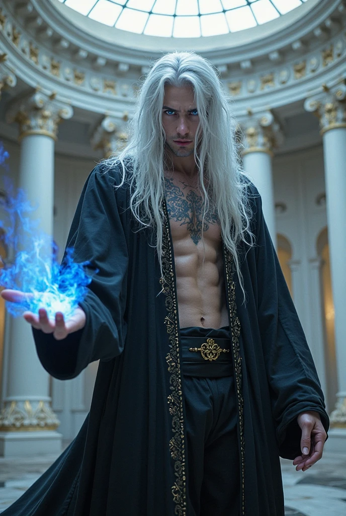 1 man, young, silver hair, (holding a staff), <lora:D3_wizard_f:0.8>, D3_wizard_m, (magical, magnificent, masterpiece:1.3), beautiful, wearing a hat, (large wizard hat), pointy hat, handsome man, perfect man, (long silver hair), young, muscular, big pecs, abs, fit, (shirtless), dynamic pose