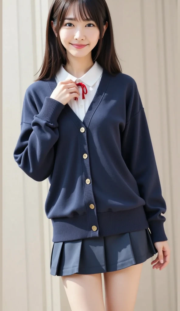 (((8k、High resolution、Highest quality、High resolution)))alone、Natural body shape、White skin、Natural Makeup、((Black Hair、bangs、Straight Long Hair))、(((Sit with your knees together)))、、(:1.4)、(())、(((((Full body photo)))))、(((Grinning at the camera))、(((Wear a uniform on the upper body)))、Bedroom、(((Of high school))) 、((white collared long sleeve blouse))、((Beige cardigan))、((Pleated skirt with dark blue plaid pattern、mini skirt、Ultra-realistic pantyhose))、、、Expressionless、((Exposing thighs))