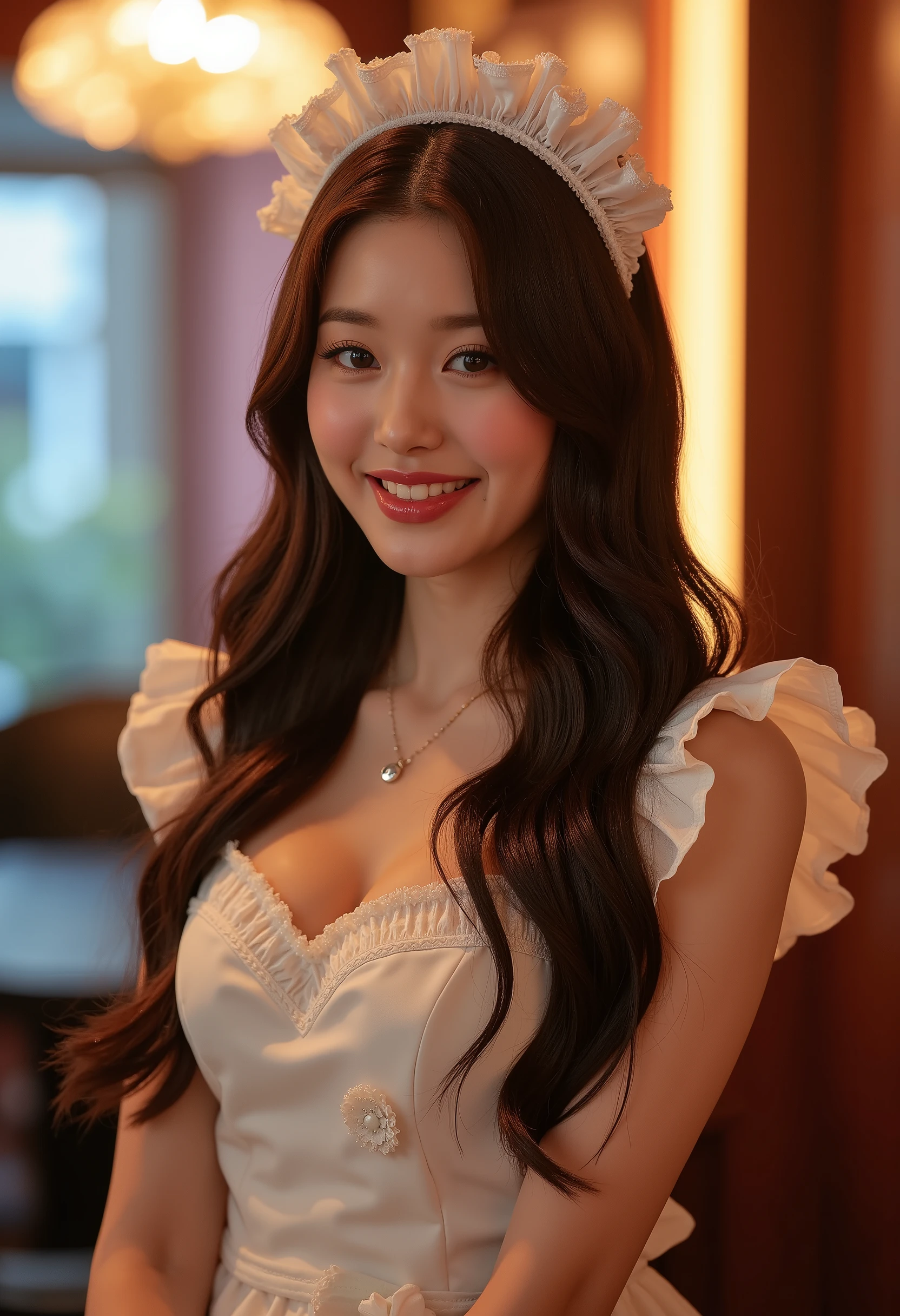 korean woman in maid uniform (Probability 0.8) Long hair, flowing, sitting confidently with a smile full of laughter, fully dressed in a curve-hugging outfit, she feels sweet like a Sugar Babe, photographed in ultra-high resolution. (uhd) The image is incredibly realistic, with intricate details that appear almost three-dimensional. The provocative atmosphere is palpable as she poses and invites the audience to indulge in her radiating charm.