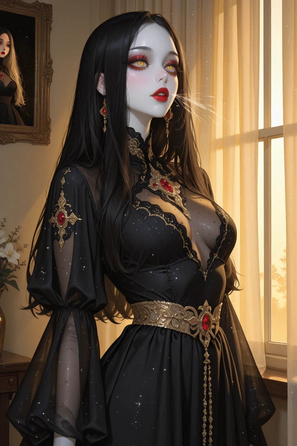 ((best quality)), ((masterpiece)), (detailed), ((normal anatomy)), beautiful eye detail, perfect face, high detail, charismatic, full body, cinematic lighting, defined body, super detail, high realism, back straight, front facing, princess face, a slim extremly beautiful woman with long black curly hair with a long fringe, perfect emerald green eyes, medieval english theme, she is wearing a beautiful black and red formal medieval off-shoulder gown, large 4 post bed in background, coy seductive smile, flirty, full red lips, 25 year old
