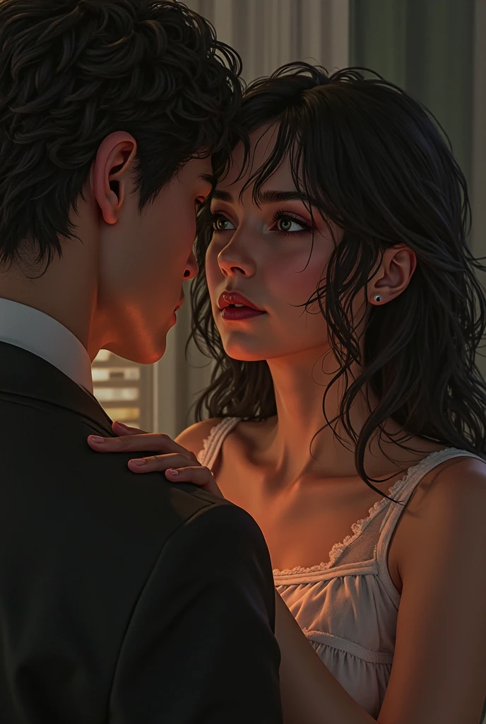 Mostra-se um homem e uma mulher, with height difference, majo, 27 anos, camisa branca, black pant, Rear head, majo, tall appearance, ponte de nariz alto, olhos grandes, Double eyelidm, alto, loiro, olhos verdes, symmetric eyes, olhando para a menina,, uma mulher vestindo um vestido bonito, longos cabelos castanhos, symmetric eyes, olhos grandes, olhos negros, there is a height difference