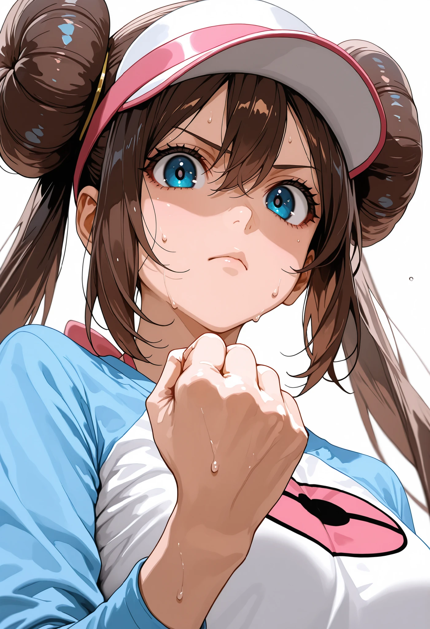 score_9, score_8_up, score_7_up, nh, clenched hand, upper body, serious, sweat, face focus, close up, from below, 1girl, solo, rosa, brown hair, double bun, doughnut hair bun, hair bun, blue eyes, hair between eyes, twintails, raglan sleeves, white shirt, blue sleeves, long sleeves, visor cap, looking at viewer,