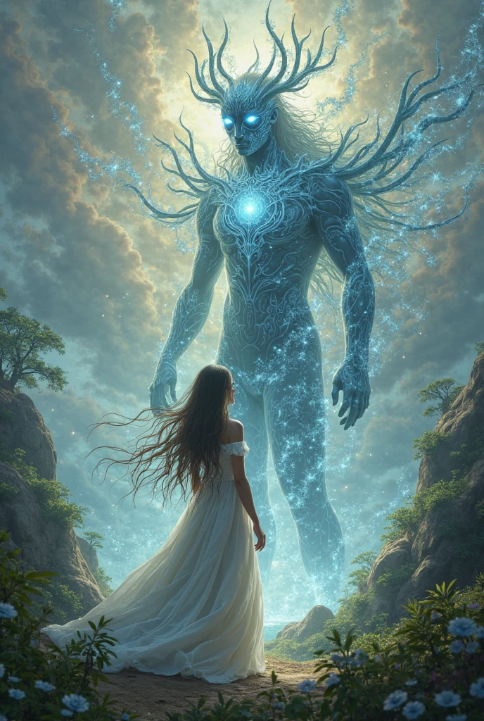 Girl with long black hair runs towards handsome ghost guy with short blond hair, anime style "Titan Attack".