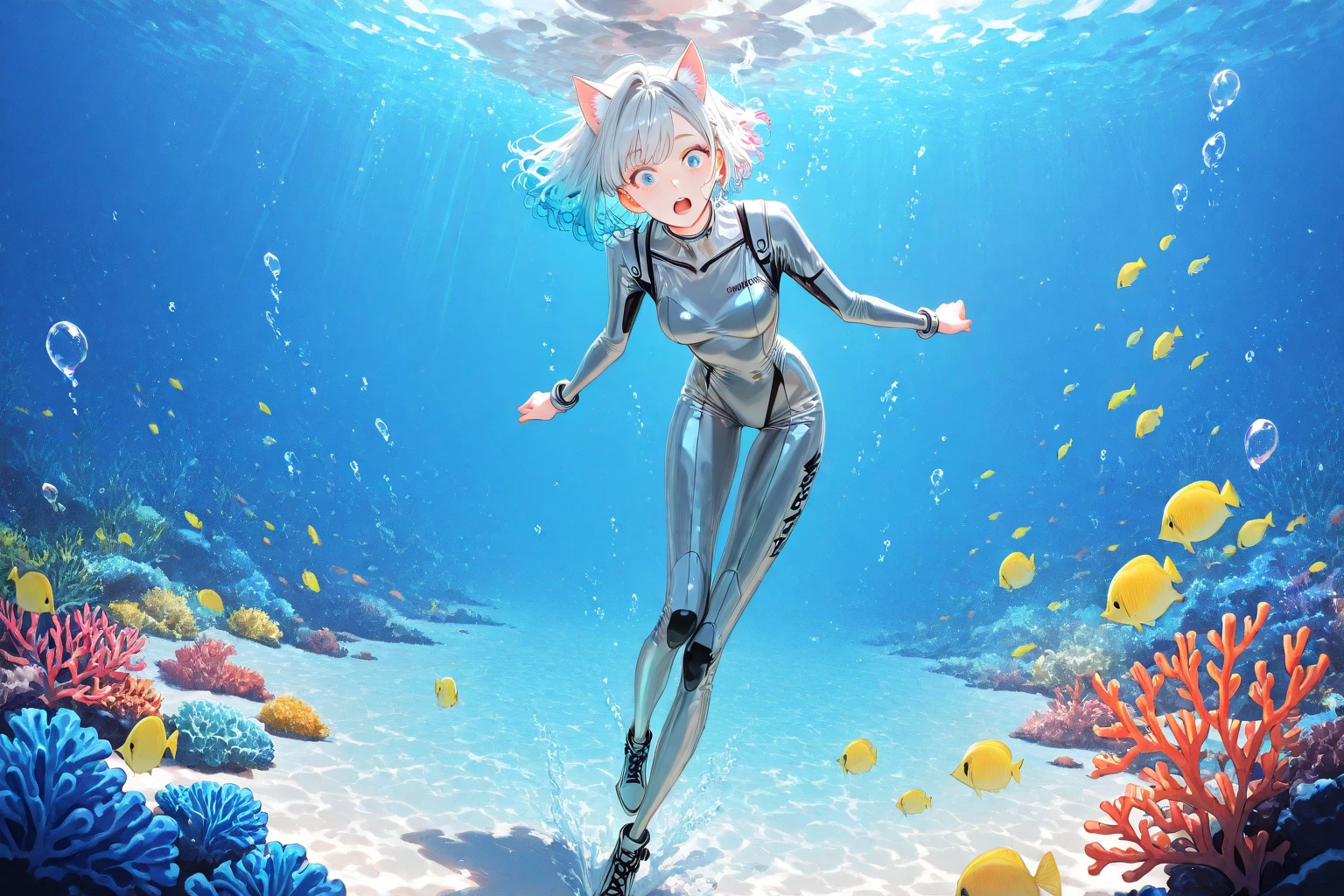 (masterpiece、highest quality、highest quality、Official Art、Beautiful and beautiful:1.2)、(One girl:1.3)Hatsune Miku、Twin tails,Big Breasts,Impressive art style,Highly realistic representation,Ultra-fine detail,Dazzling colors,Unique viewing angle,Realistic underwater scenes,Soft water light effect,Real Back,Energetic behavior,Character details are laid out,Cute 5 year old girl,Reversing the Deep Sea,Brown Hair,Protective goggles,Wetsuits,Diving Gloves,diving shoes。