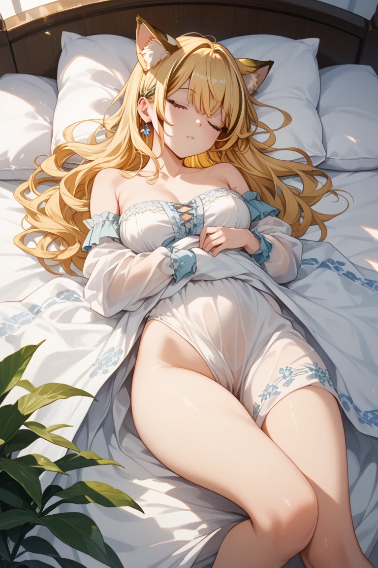 (masterpiece, top quality, super high quality, super high detail, beautiful hair, beautiful eyes, perfect face), girl's room, pretty white based room, morning sun coming through the window, white lace curtains, not wooden room, short twintails hair, blonde hair, very baby face, droopy eyes, heterochromia, pink eye, orange eye, very huge breasts, 145cm tall girl wearing only large pajamas, nothing on lower body, sitting on bed with one eye closed, right hand over mouth, left arm raised in a big tall yawn, very sleepy expression, munchy, half eye, Bare feet, thighs, sitting upright with legs open