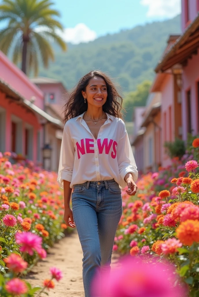 best quality, masterpiece, photo of vineeta8, beautiful woman, wearing t-shirt, full body portrait, colosseum background, smiling, looking at viewer, highly detailed, realistic