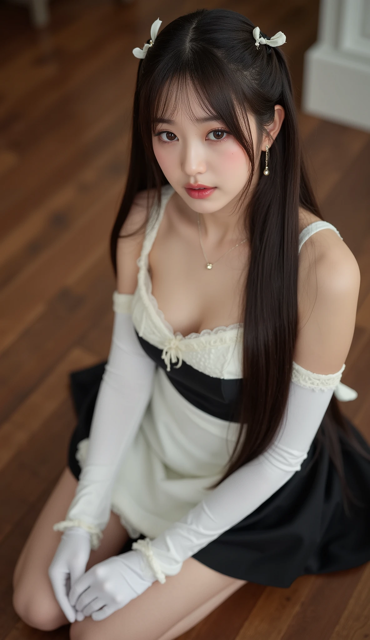 32k, Masterpiece, top quality, ( Korea's Beautiful Woman) High-angle, close-up view, long hair, maid outfit, white top, black bodice, short skirt, lace, kneeling, serene expression, eyes looking at camera, hands clasped, white gloves, wooden floor, warm lighting, indoor setting, soft romantic feel, cosplay, themed photoshoot, warm muted colors, browns, white, black.