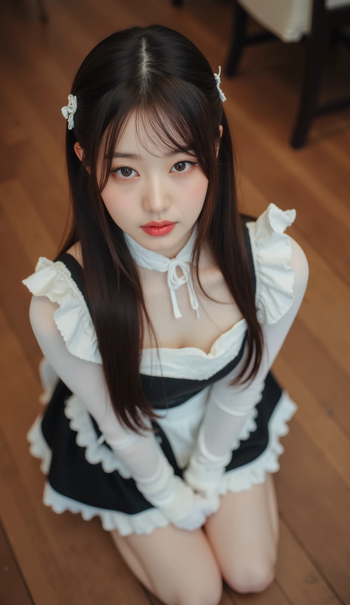 32k, Masterpiece, top quality,  ( Korea's Beautiful Woman)   High-angle, close-up view, long hair, maid outfit, white top, black bodice, short skirt, lace, kneeling, serene expression, eyes looking at camera, hands clasped, white gloves, wooden floor, warm lighting, indoor setting, soft romantic feel, cosplay, themed photoshoot, warm muted colors, browns, white, black.