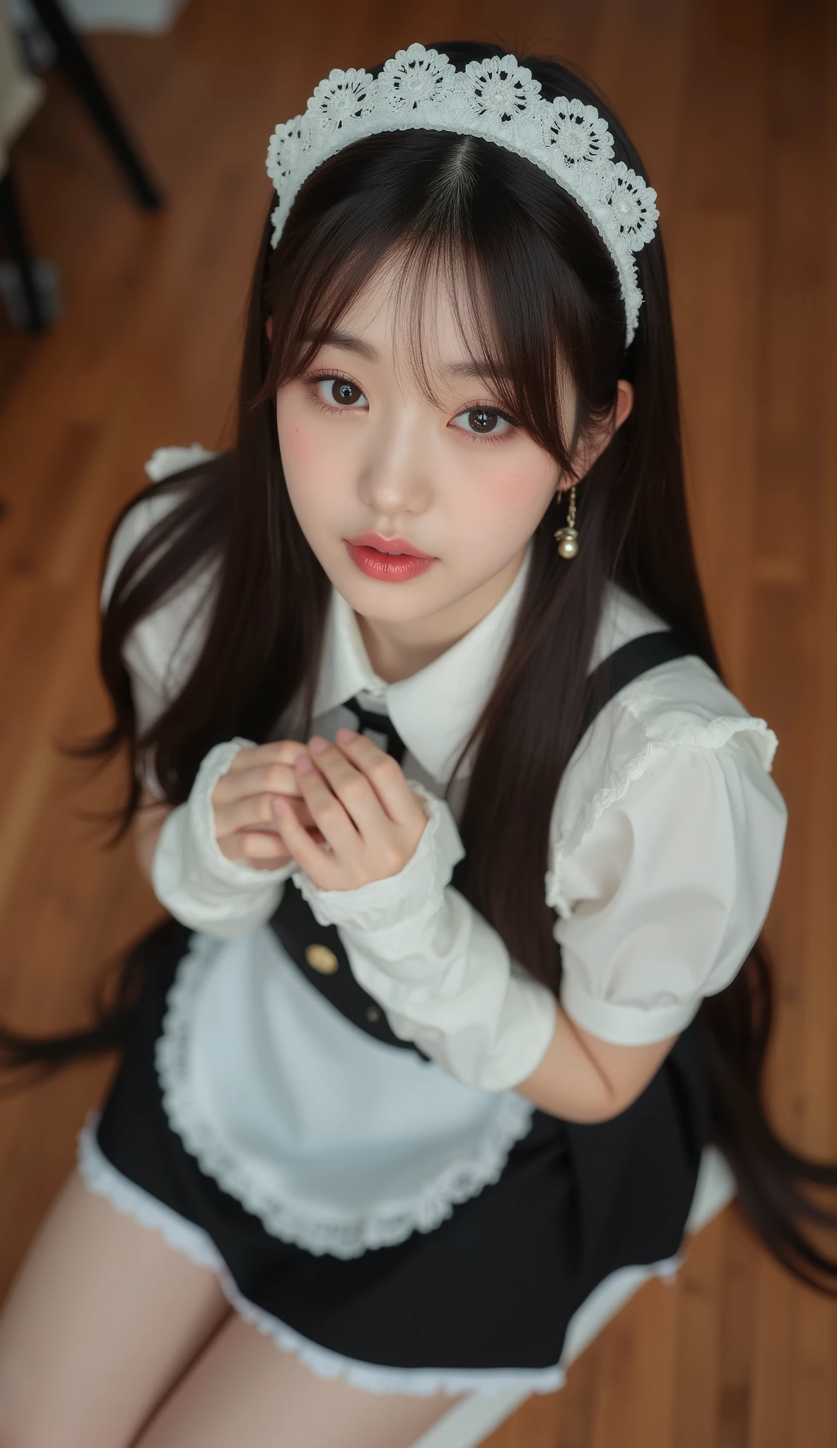 32k, Masterpiece, top quality, ( Korea's Beautiful Woman) High-angle, close-up view, long hair, maid outfit, white top, black bodice, short skirt, lace, kneeling, serene expression, eyes looking at camera, hands clasped, white gloves, wooden floor, warm lighting, indoor setting, soft romantic feel, cosplay, themed photoshoot, warm muted colors, browns, white, black.