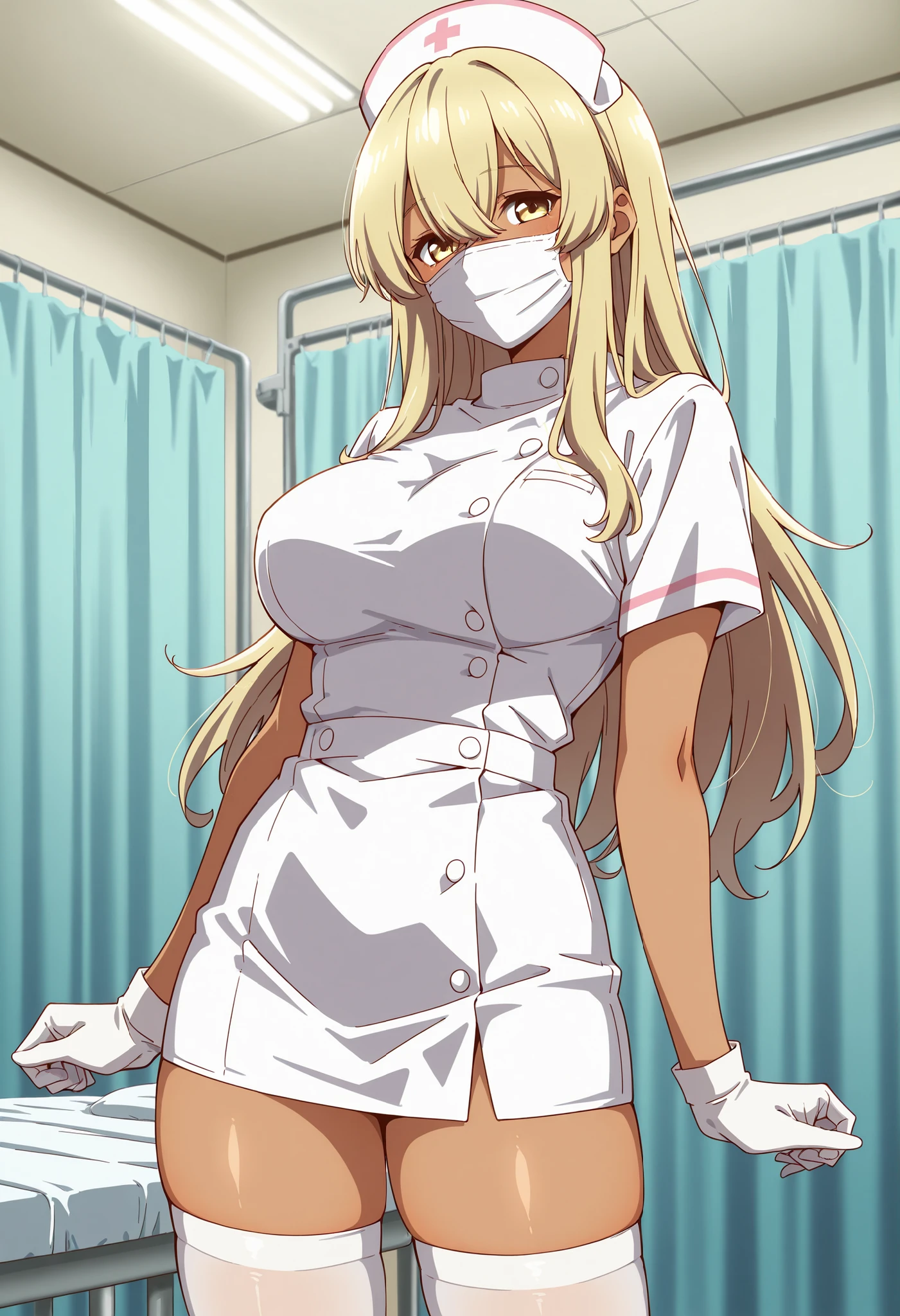 Score_9, score_8_up, score_7_up, source_anime, kana higa, solo, long hair, bangs, blonde hair, hair between eyes, yellow eyes, tanned skin, large breasts, (best quality), (high quality), {masterpiece}, extremely delicate and beautiful, ultra-detailed, beautiful detailed eyes, nurse, nurse hat, ((white nurse's outfit)), white gloves, white thighhighs, hospital room, ((white mask, mouth mask, covered nose)), standing