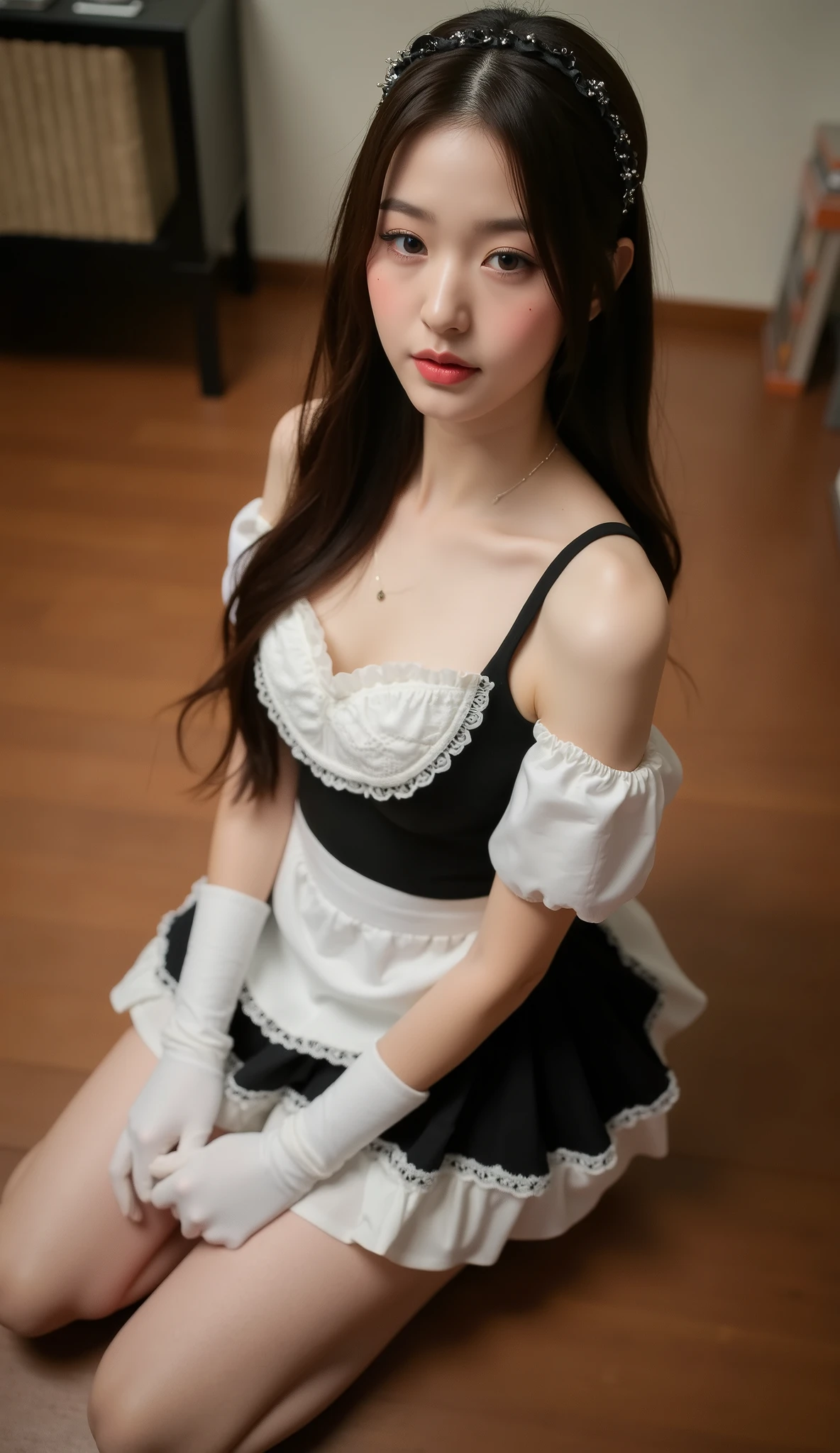  (white and black theme:1.4), (fusion of (sleevelesswhite high neck and collared [crop top]) and (black puff),(white tops and black short sleeves:1.2), (wearing a white half apron over a black skirt:0.5), (waist cincher:1.3), (whitehalfapron), ((white maid head-band with ruffles on head, white brim on head):1.3), (white thigh high stockings:1.4), ((white arm warmers, white long glove):1.3), (black heeled pumps:1.2), (light-blue theme:1.2), (light-blue lines on skirt:0.5), (light-blue ribbon bow:1.3),((highest quality)), ((masterpiece)), (detailed),( Lanky:1.3)(( in the cafe)),美しい韓国人woman, 美しい若い韓国人woman, Young and adorable Korean face, ゴージャスな若い韓国人woman, Korean Girls, Girl cute beautiful face, 韓国のwomanアイドルの肖像, Young and pretty Asian face, Cute natural anime face,Asian pretty face, ((highest quality)),(((nipple))),(detailed), Perfect Face,((One girl)), (scrawny：weight1.0〜2.0)iris, Elevation, space,( big eyes:1.1 ),(Natural Light),Dramatic lighting, Chiaroscuro, Emotional depth,woman,((nude)),((show off nipple)),((small breasts)), ((flat chest)),naked,slender, a short bob,delicate,Small breasts,((Small breasts)),the body is slender,Beauty,Beauty,4K quality,Young face,Big eyes,Brown eyes,Perfect Face, 21years old,breasts are very small,Model Body Type,Cute Face,Pink nipples,Symmetrical eyes,Glowing eyes,Natural smile,((Always show your boobs)), ((flat chest)), ((Gaunt)),beautiful,((a short bob)), ((half body)), topless,modelshoot style,((intricate choker necklace)), (embarrassed,blush:1.3),,(steam:0.8),(wet:0.8),(sweat:0.8),(trembling:1.3),(parted lips:1.4),(harf open eyes:1.6),(feeling weak:1.5), (lips),(intricate earrings),((nipple)),((woman posing for a photo))