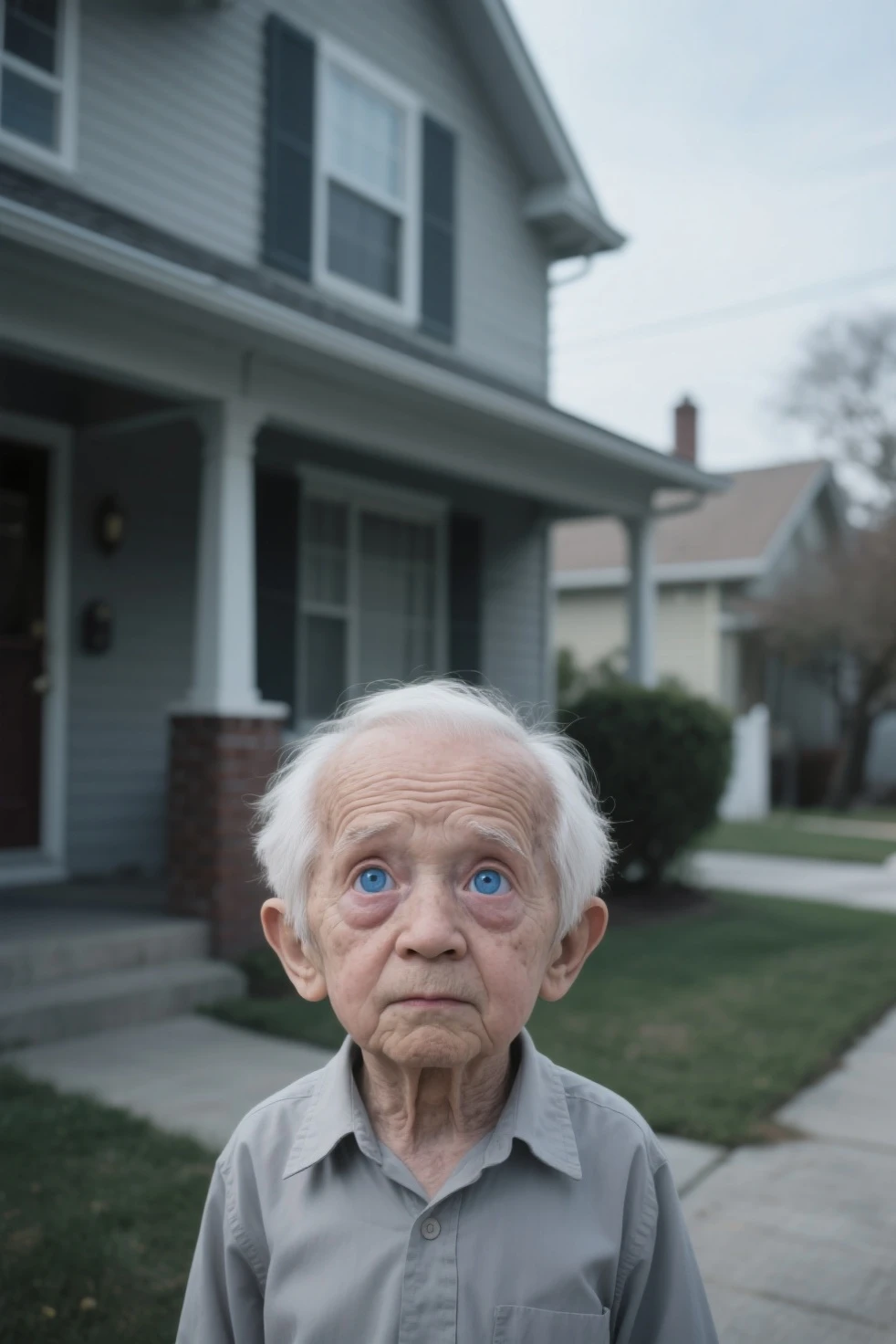 RAW photos，blue-sky，cumulonimbus clouds，Residential buildings，Grandpa with short white hair，Black-haired little grandson，sat on the ground，Look at the clouds