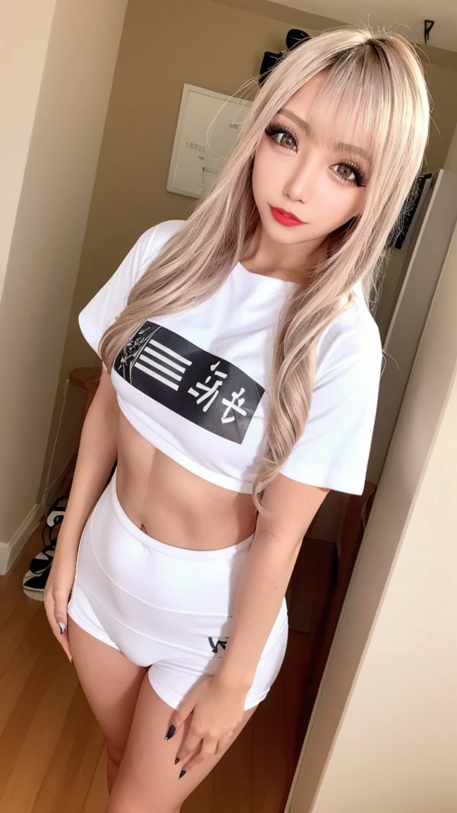 sexy 15 year old girl with perfect hot slim body, long blonde messy hair, wearing pajama t-shirt and tight shorts, doing sexy standing pose