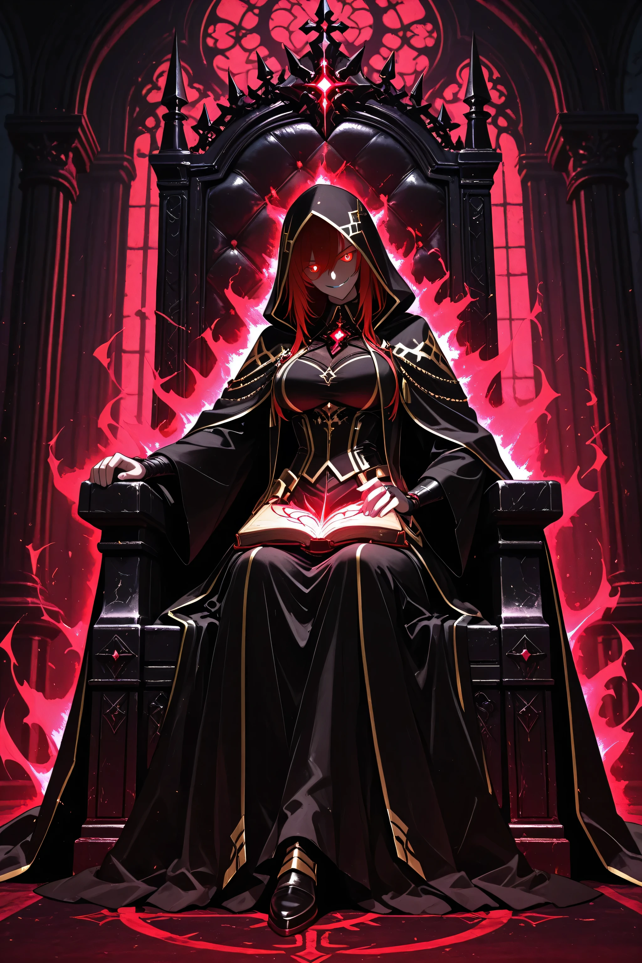 "Anime-style dark strategist with crimson glowing eyes, wearing a black and gold royal cloak. Holds a dark magical book in one hand. Confident smirk, red energy aura, sitting on a dark throne, gothic background, 4K."