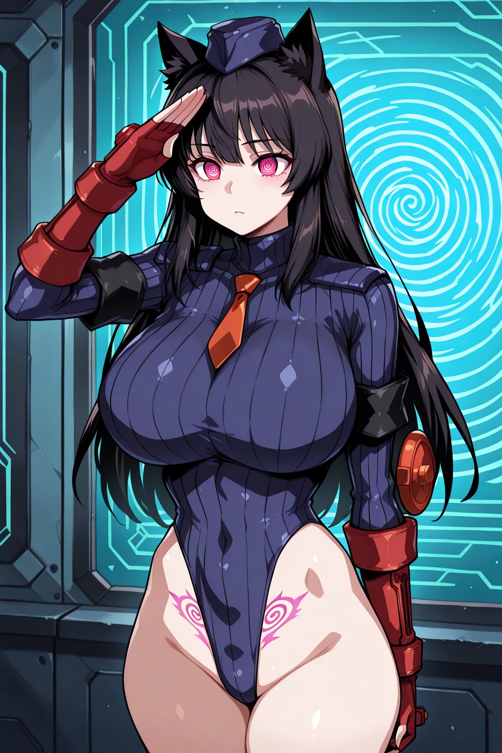 Ultra-detailed, explicit, Beautiful body, Beautiful nose, Beautiful character design, Perfect eyes, Perfect face, 超A high resolution, 4K, Beautiful legs, Perfect legs, nice hand, perfect hand, masutepiece, Best Quality, Highly detailed, Illustration, absurderes, 1人,独奏,street fighter, Doll suit with no open chest, Shadaloo doll, deadpan, blank eye, Looking at Viewer, Red gloves, deadpan, 黒色のLatex, mind control, Women Combatants, Hypnotized, Trance, Full body bodysuit, ribbed bodysuit, Stand up straight, obey, Perfect female body, extremely glossy Latex,Hypnotized, hypnoLora, Empty eyes, mind controlデバイス, mature woman poses, Brainwashed, Slave, neck tie, Stand up straight, Standing, Belt bag, Latex, thighs thighs thighs thighs, Raiden General、Purple hair, Long hair,braid,Hair Ornament,Purple eyes,Mole, Large breasts,Colossal tits,huge tit,cowboy shot