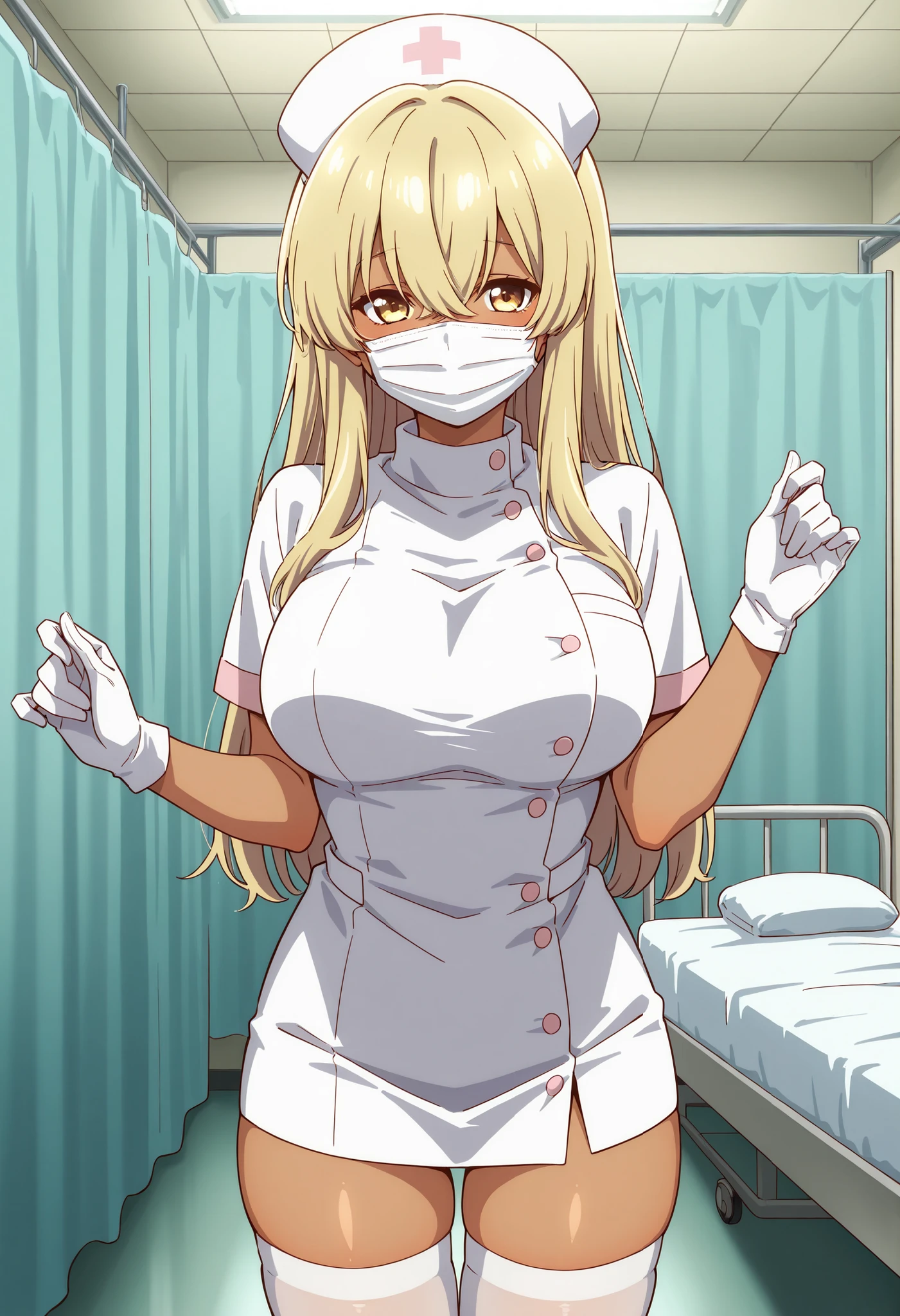 Score_9, score_8_up, score_7_up, source_anime, kana higa, solo, long hair, bangs, blonde hair, hair between eyes, yellow eyes, tanned skin, large breasts, (best quality), (high quality), {masterpiece}, extremely delicate and beautiful, ultra-detailed, beautiful detailed eyes, nurse, nurse hat, ((white nurse's outfit)), white gloves, white thighhighs, hospital room, ((white mask, mouth mask, covered nose)), standing