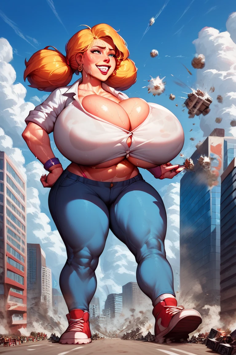 (masterpiece, best quality), 8k wallpaper, Very detailed, poster, High quality sci-fi film, 1960s, a magazine cover with sexy giant nurse towering over a Micro City, portrait of paul kaine, cinematic movie poster, Perfect face((((Large Breasts、Low-cut,Cleavage, Wide hips,)))(Long legs) (Wide hips)), Colorful hair, Attack of the 50-foot woman, Giant Woman, Micro City, line, Abstract, mid century modern, movie poster, High quality, White nurse, Stilettos, Tiny destroyed skyscraper city, Retro-futurism, Pulp sci-fi, pulp science fiction, 60s pulp illustration, science fiction pulp, pulp book cover art, Science fiction, Old retro pulp comic cover, Science fiction, Science fiction illustration, High quality scifi, The size of the skyscraper is below her knees