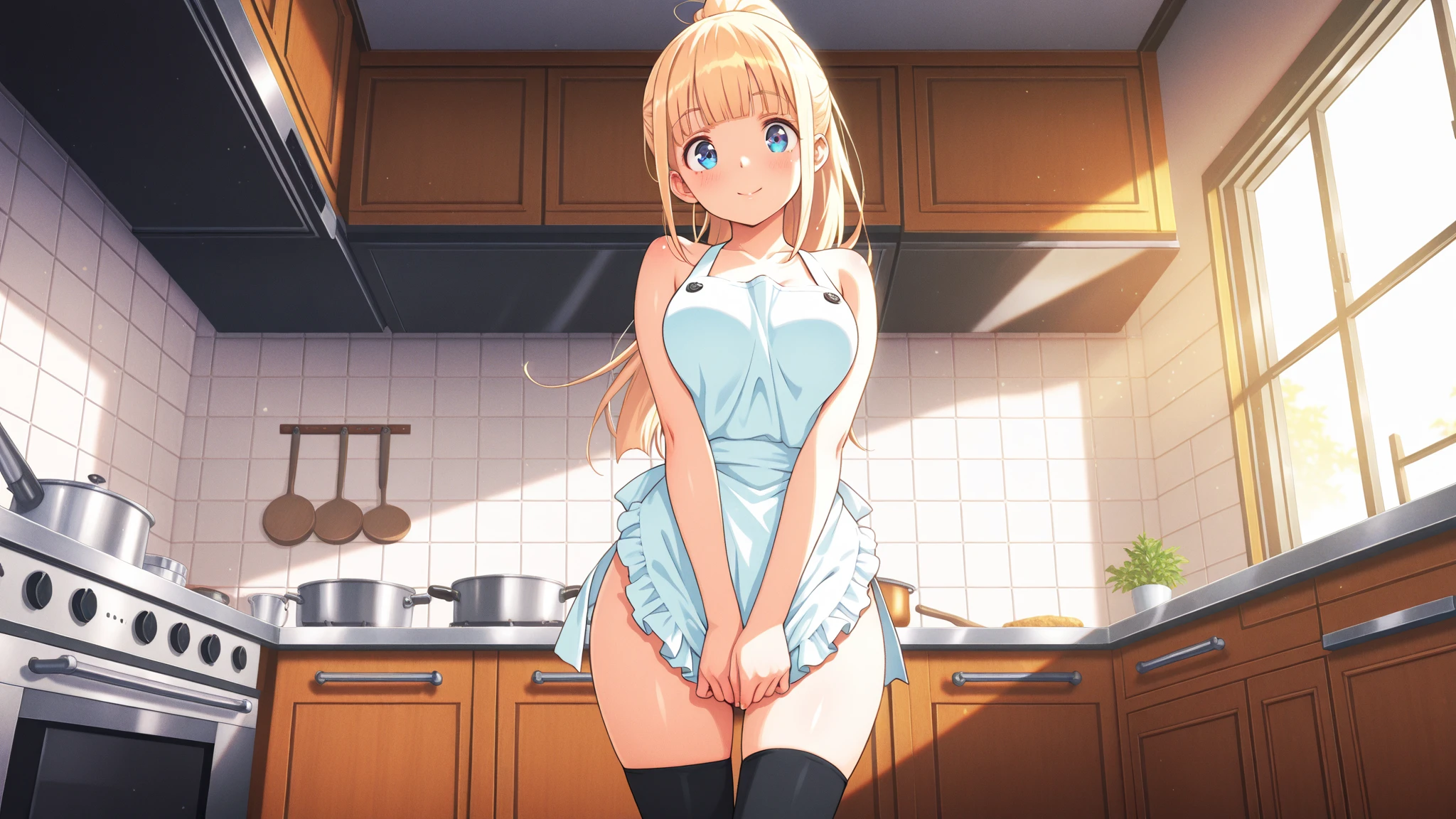 (nsfw:1.5), ((((masterpiece, best quality, high resolution)))), 1girl, wavy hair, average breasts, blush, light smile, parted lips, glow, thighs, bare shoulders, collarbone, narrow waist, cleavage, (masterpiece), (beautiful detailed face, beautiful detailed eyes), (naked apron, kitchen, arms behind back)