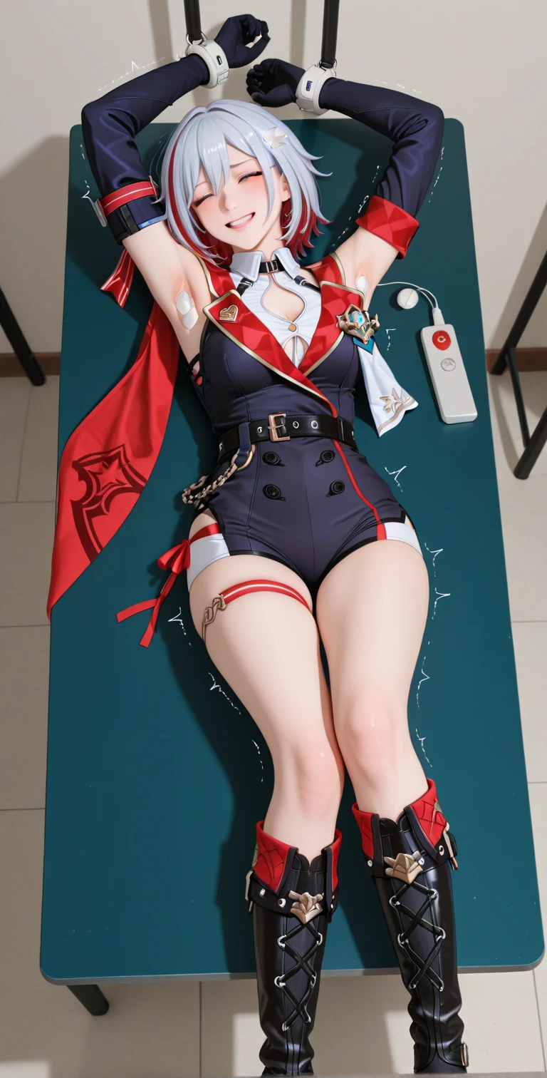 A Female robot is sleeping in the book, spread legs, nude, banzai pose. she wears no dress. She Brown short hair is tied with two big red clothespins, She lifts up the under hem of her white plain dress, leaning over, masterpiece, very short pigtails,brown hair, mature, android, blue eyes, full body figure, Height: 160cm, flushed cheeks, 2020s anime picture, A beautiful robot with short brown hair in two short pigtails held up by two very large huge red clothespins, Uplifting, No NSFW, whole body, barefoot, archaic smile, getting orgasm, 25 years old, sweat bucket. short sleeve shirt, pleated skirt, beautiful scenery, evening, skirt lift, no panties, genitals visible, full body shot, sexy face.