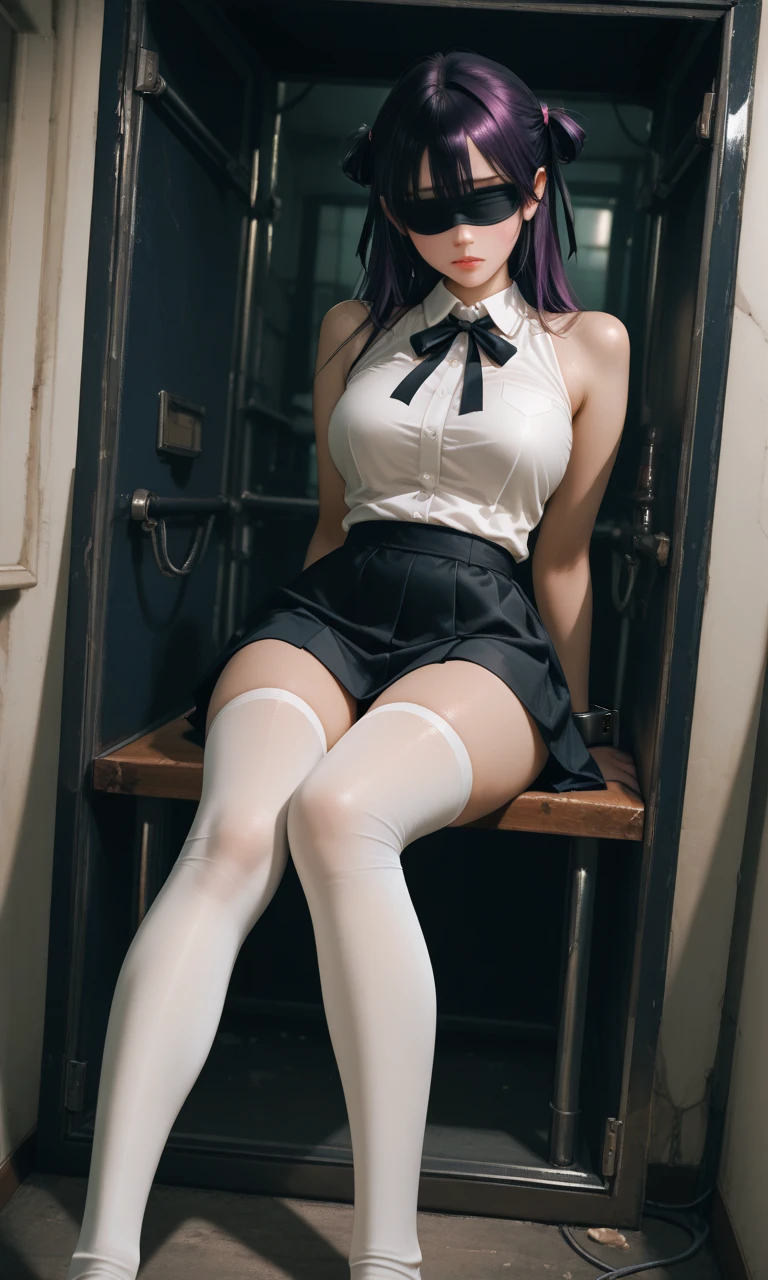 One woman（12 years old）、Shyly smiling、Long, blue hair、Thin glasses、White clothes、See-through shirt、ribbon、Short pleated skirt、Pink underwear、loose socks、Inside a skyscraper office at night、Spread your legs