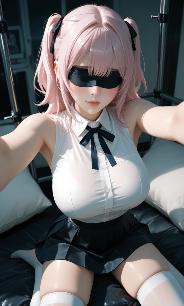 (photorealistic:1.6),(High resolution:1.6),(solo, one woman:1.5),(Thin woman:1.2),(big eyes),(large eyes),chuuChloe,(Personality is lewd),(Slender Body),(amazing orgasm),(Ecstasy:1.3),(masochistic),(being sexually tortured),(Fainted face:1.5),(absentminded:1.5),(lie on back in bed:1.5),(be exhausted:1.3),(Expressions of pain),(Reached sexual climax:1.5),(ahegao:1.5),hm2b, black blindfold, covered eyes, mole under mouth, clothing cutout, long sleeves, puffy sleeves, juliet sleeves, feather trim, black thighhighs, black gloves, black dress, black skirt,(Blushing:1.3),(Exhausted),(big breasts),(body feels excited and red:1.3),(Scream:1.3)