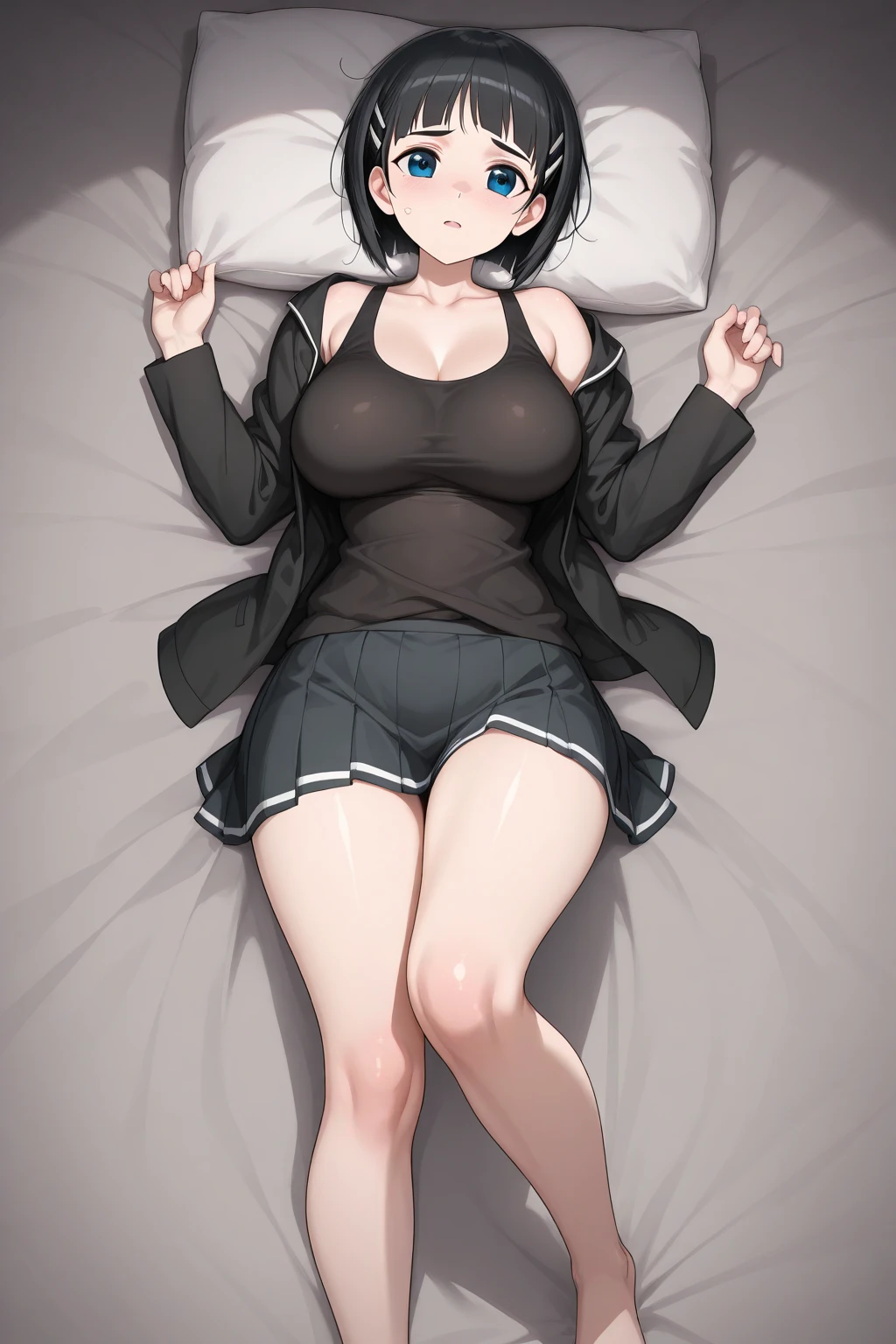 absurdres, RAW photo, extremely delicate and beautiful, masterpiece, Best Quality, ultra high resolution, 32k, hyperrealistic, ultra-detailed, Very detailed CG 8k wallpaper, Beautiful Lighting, Perfect Lightning, Realistic Shadows, perfect anatomy, super Detailed skin, Japanese woman, late 20s, very Slim body, narrow waist, very small head, handsome detailed woman, very detailed eyes and face, realistic face proportions, Stunning detailed eyes, Realistic beautiful face, very small face, Realistic small beautiful eyes, tearful mole, earring, beautiful and very thin legs, beautiful and very thin thighs, very huge round breasts, medium hair, black hair, full body shot, (volleyball uniform:1.2), (shorts), bed,