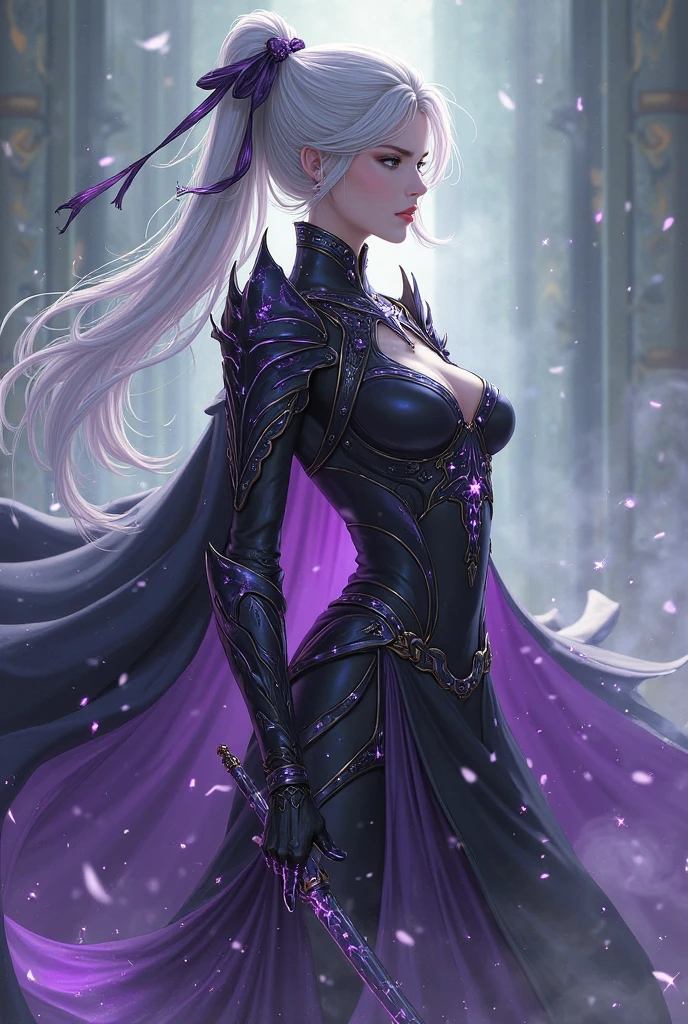 Beautiful drow girl, dark grey skin, white hair, large breasts, black plate armor, purple eyes, short purple skirt.