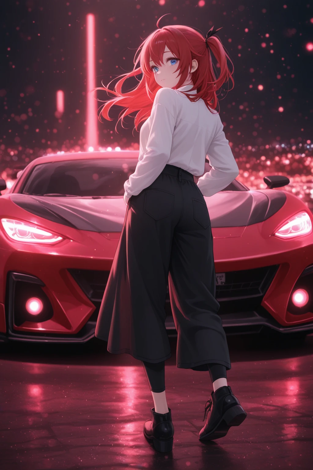Anime girl standing in front of red sports car, city background, anime style 4K, badass anime 8K, anime girl with long hair, anime girl with long black hair, one girl,