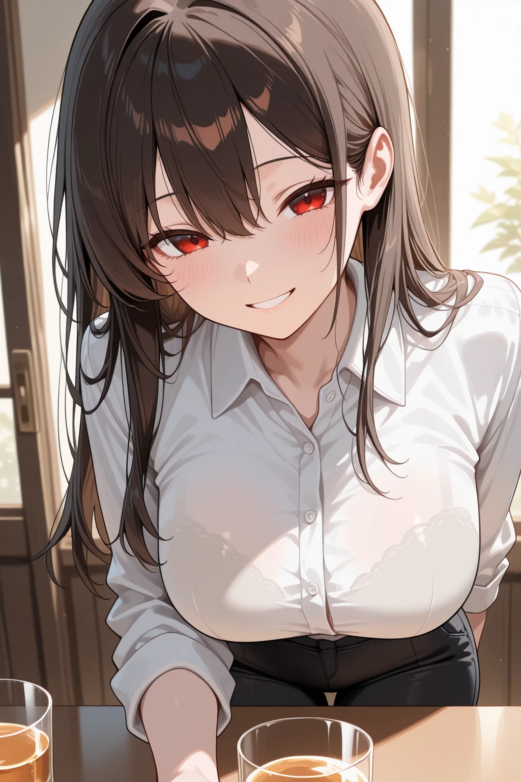 best quality, ultra detail,girl, blush,red eyes,outdoor,black longhair, white blouse, see-through,wet,rainy day,under roof, <lora:Transparent clothes_concept_v1.2:0.7>shy pose,evil smile,from above,white lace bra